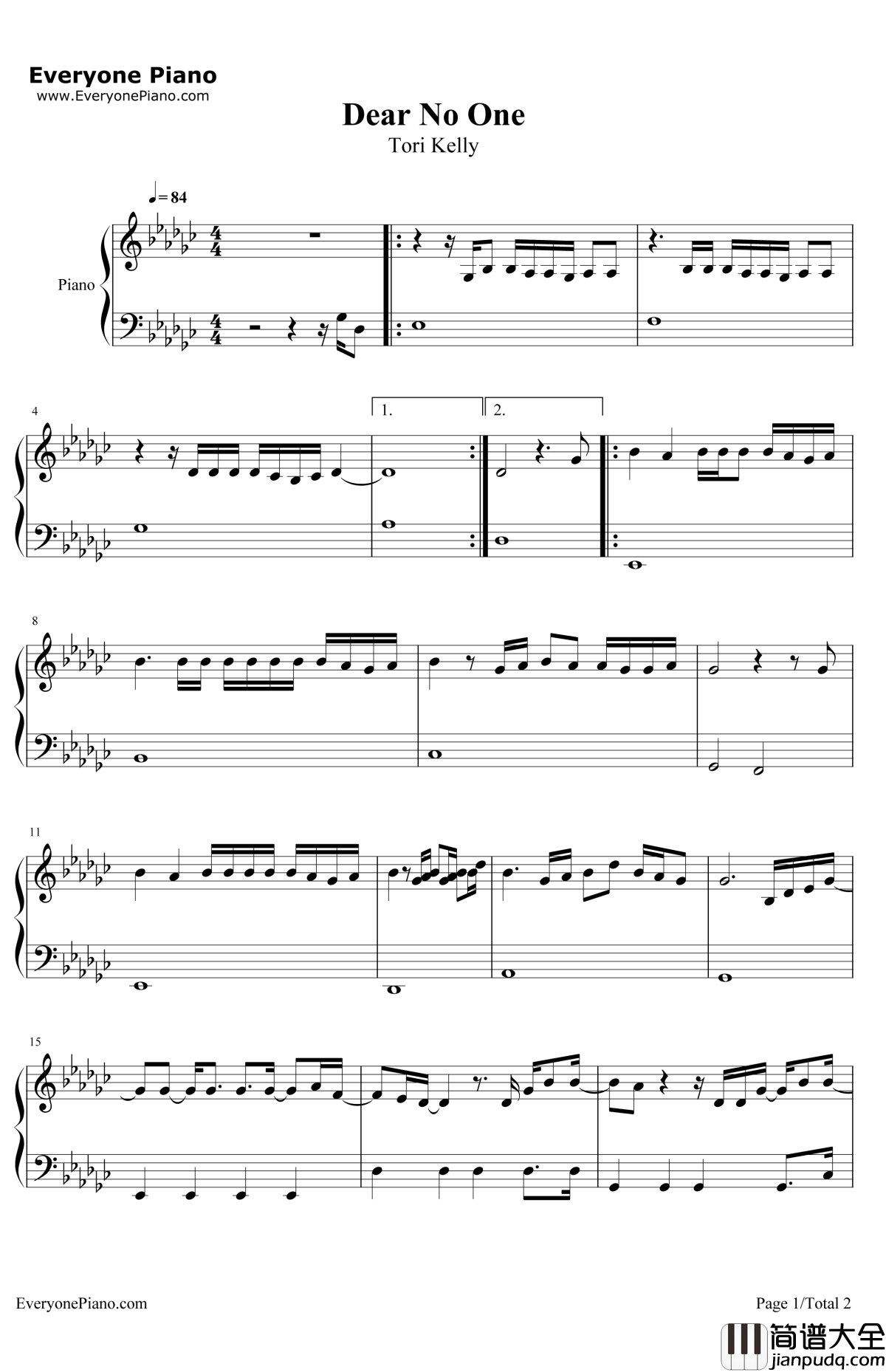 DearNoOne钢琴谱_ToriKelly