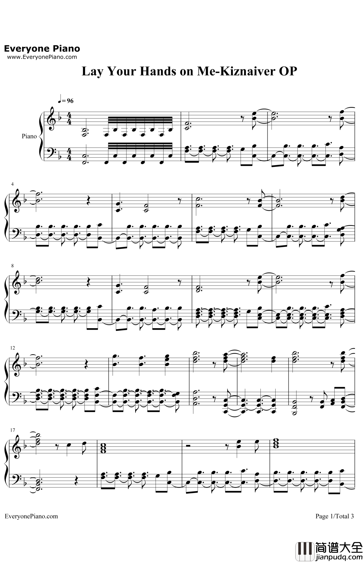 LayYourHandsonMe钢琴谱_BoomBoomSatellites_KiznaiverOP