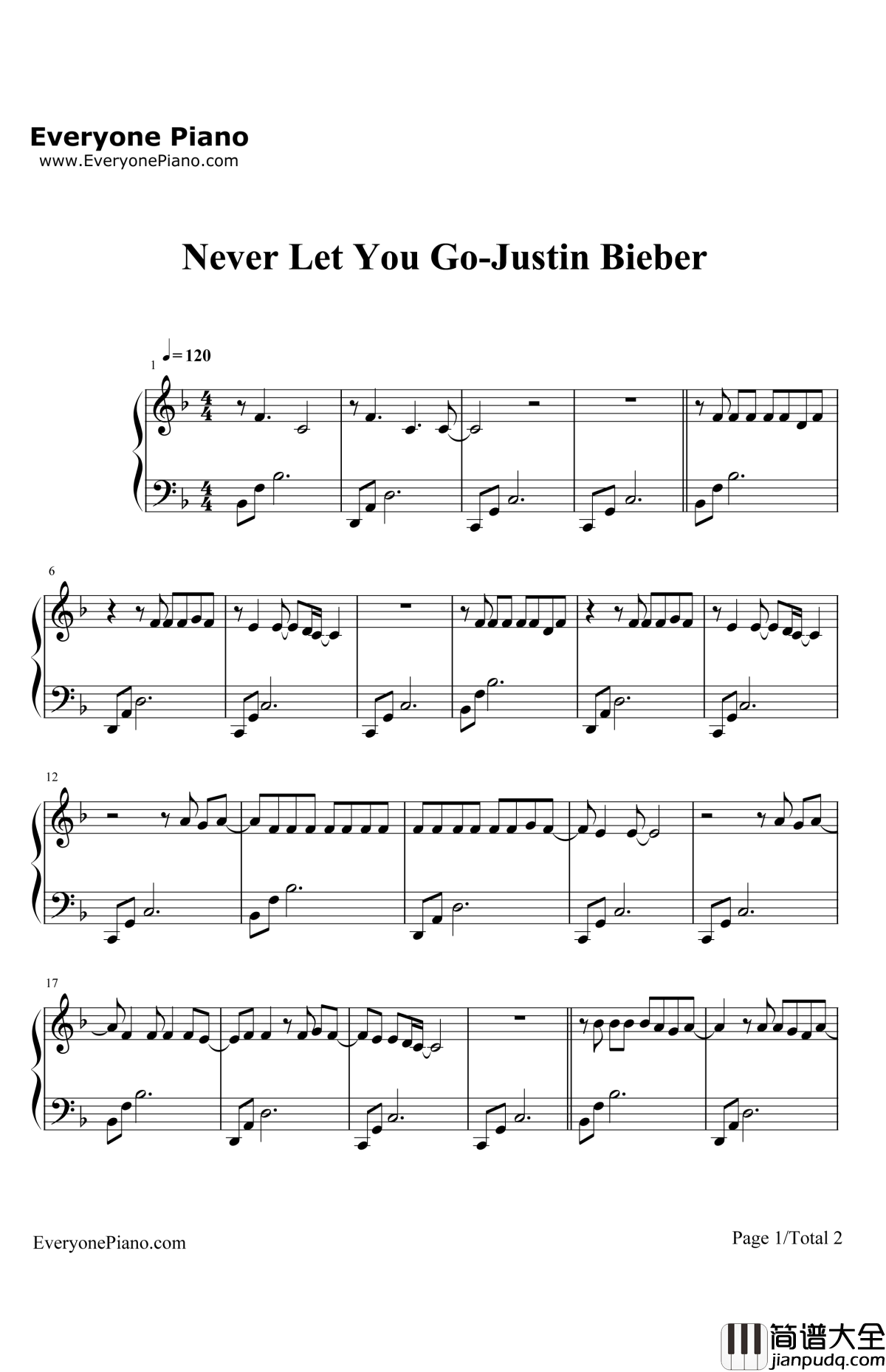 NeverLetYouGo钢琴谱_JustinBieber