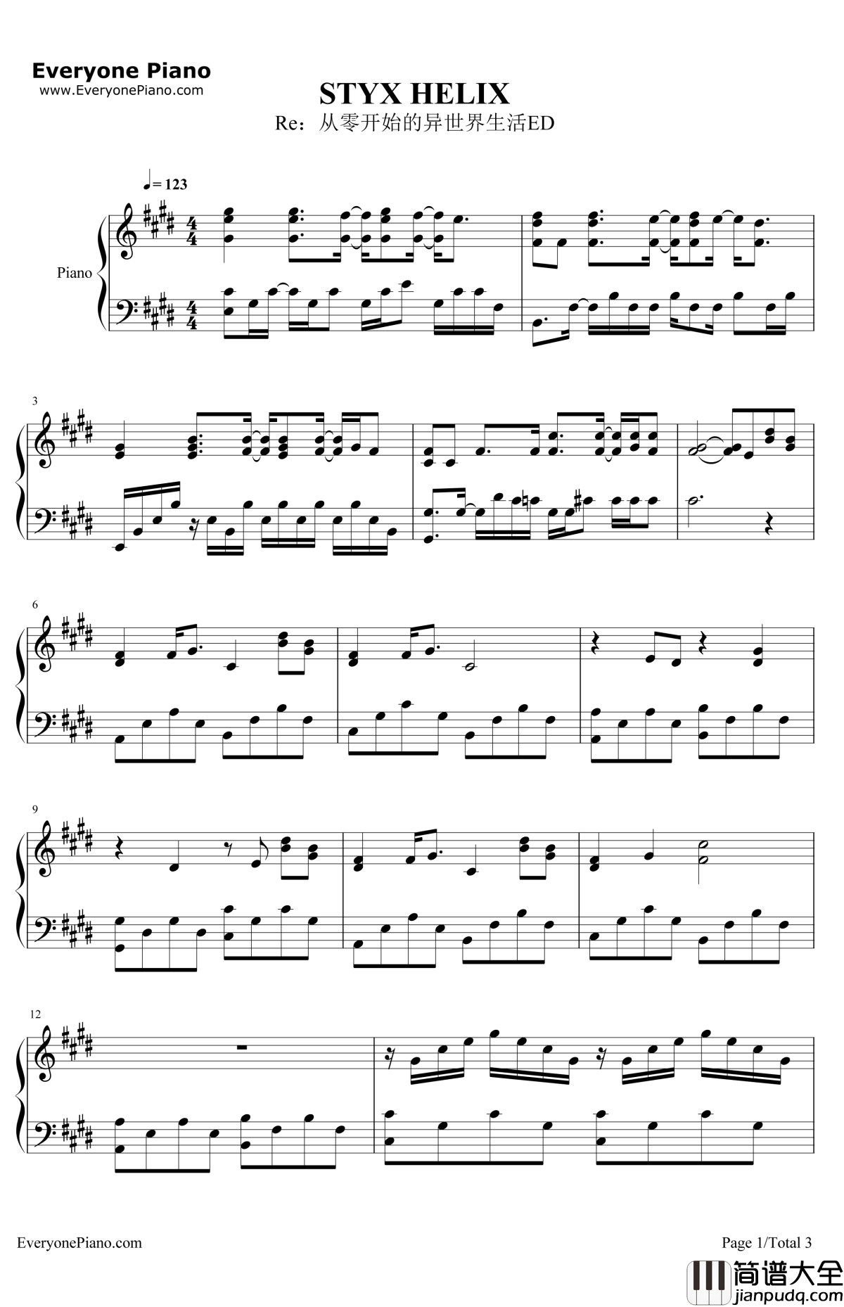 STYXHELIX钢琴谱_Myth&Roid_Re：从零开始的异世界生活ED