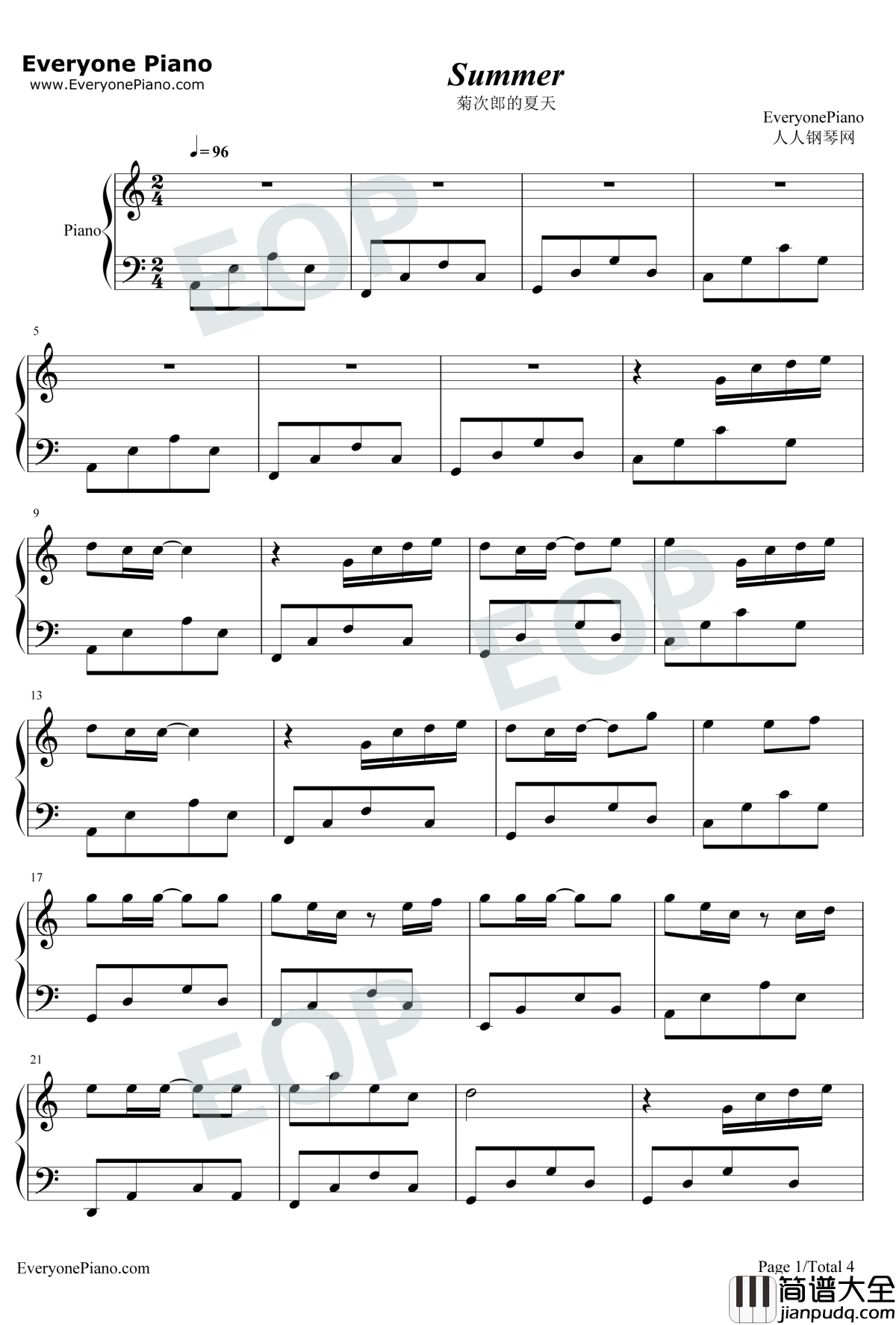 菊次郎的夏天钢琴谱_久石让HayaoMiyazaki_Summer_C调简单版