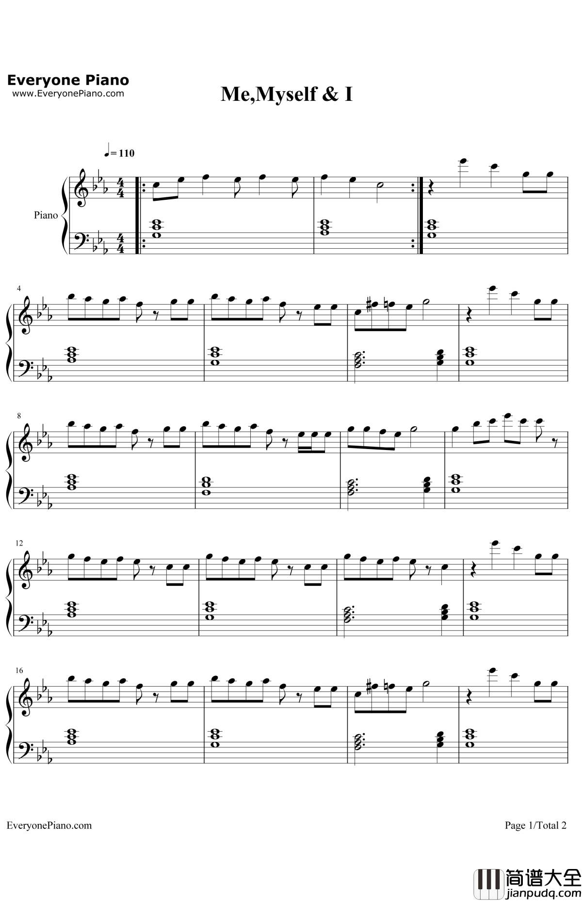 MeMyselfandI钢琴谱_G_Eazy&BebeRexha