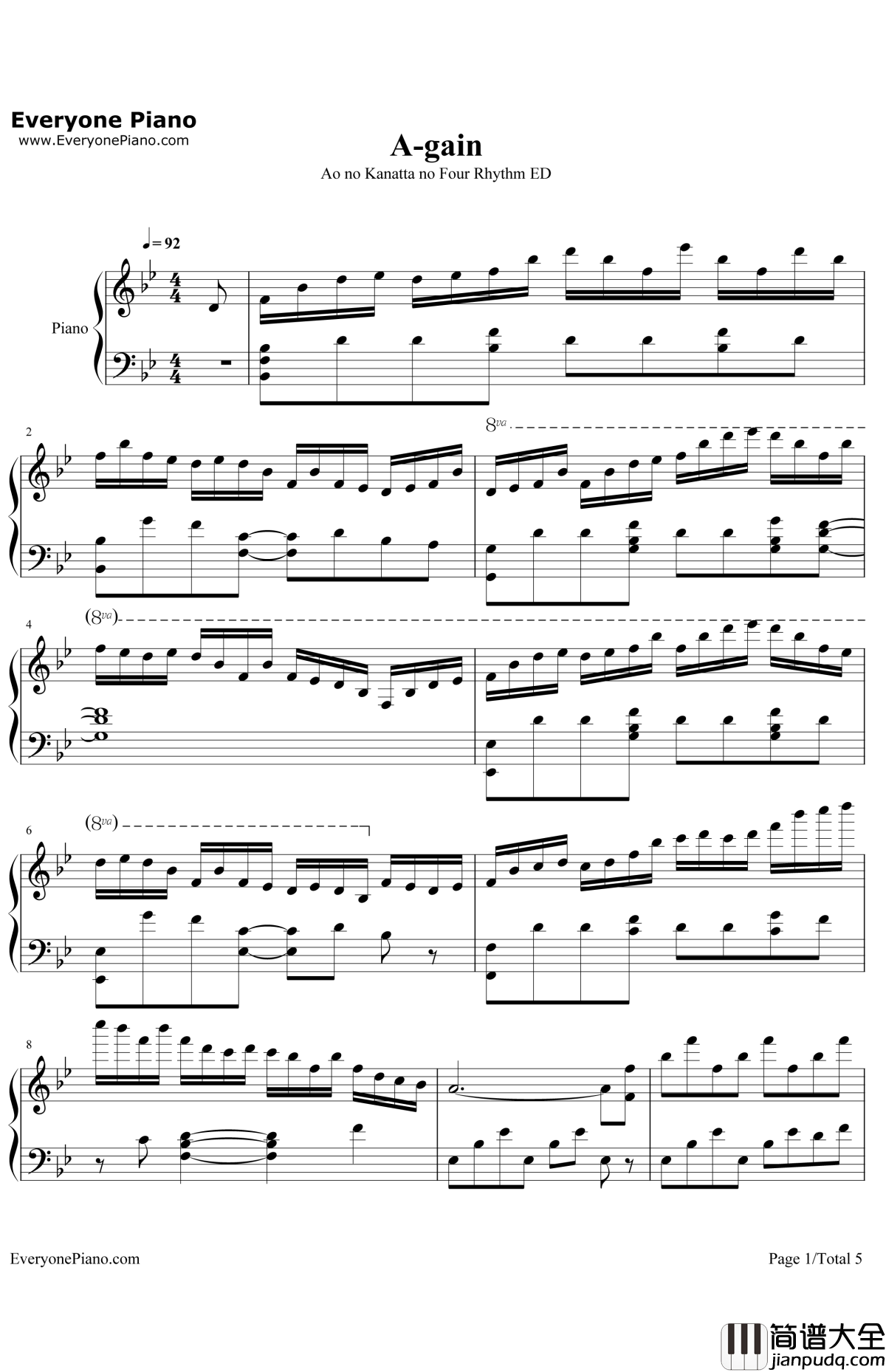 A钢琴谱_Ray_gain_苍之彼方的四重奏ED