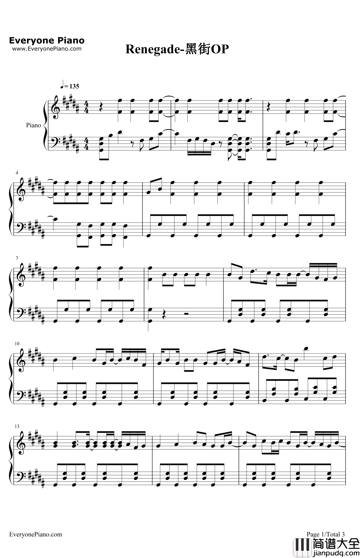 Renegade钢琴谱_STEREODIVEFOUNDATION_黑街OP