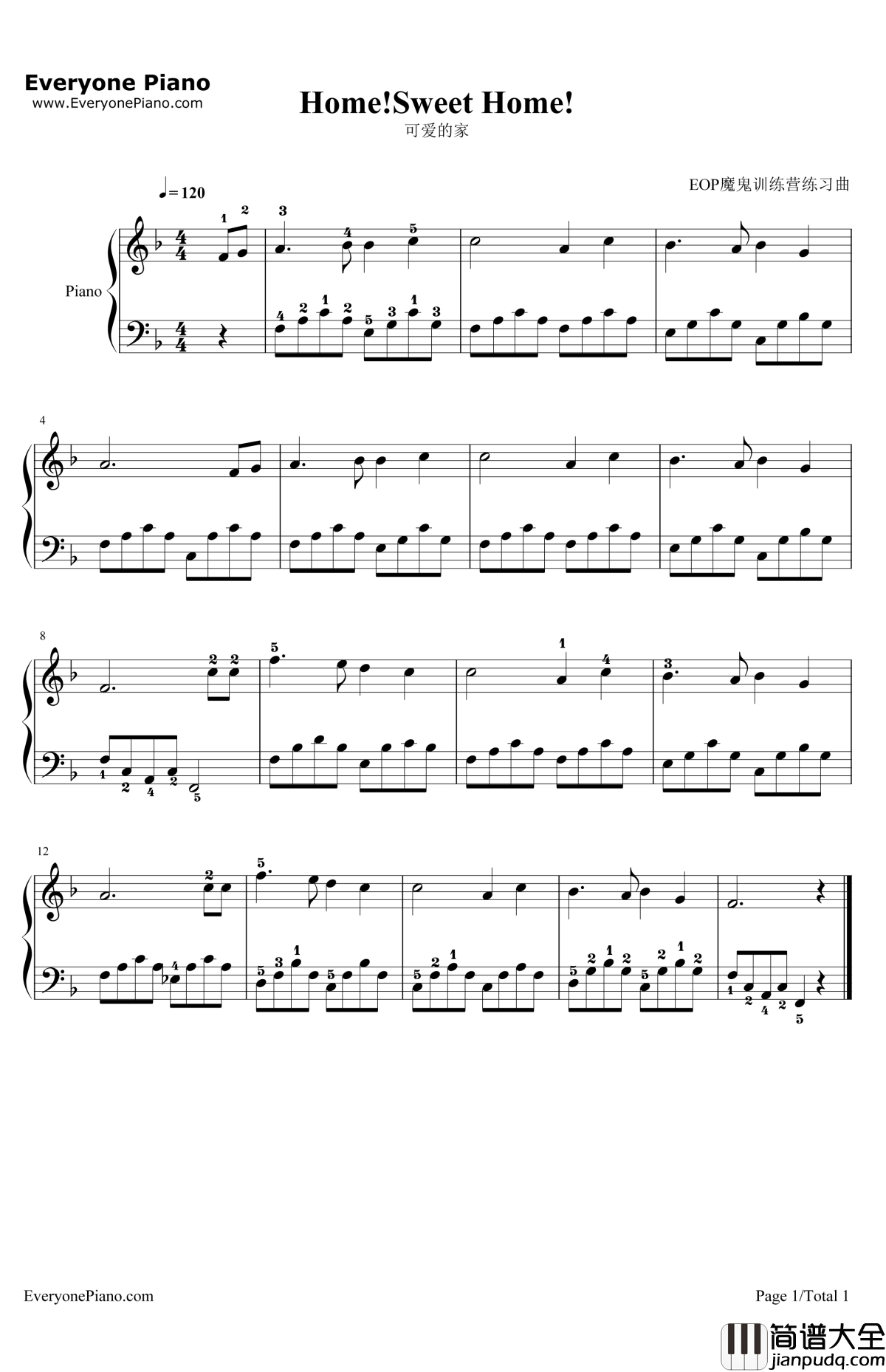 可爱的家钢琴谱_HenryRowleyBishop_可爱的家