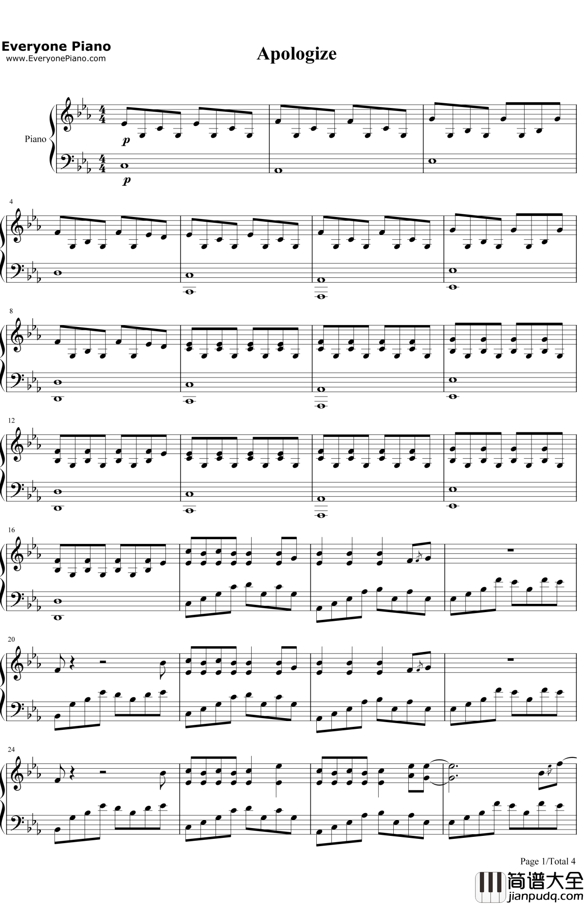 Apologize致歉钢琴谱_OneRepublic