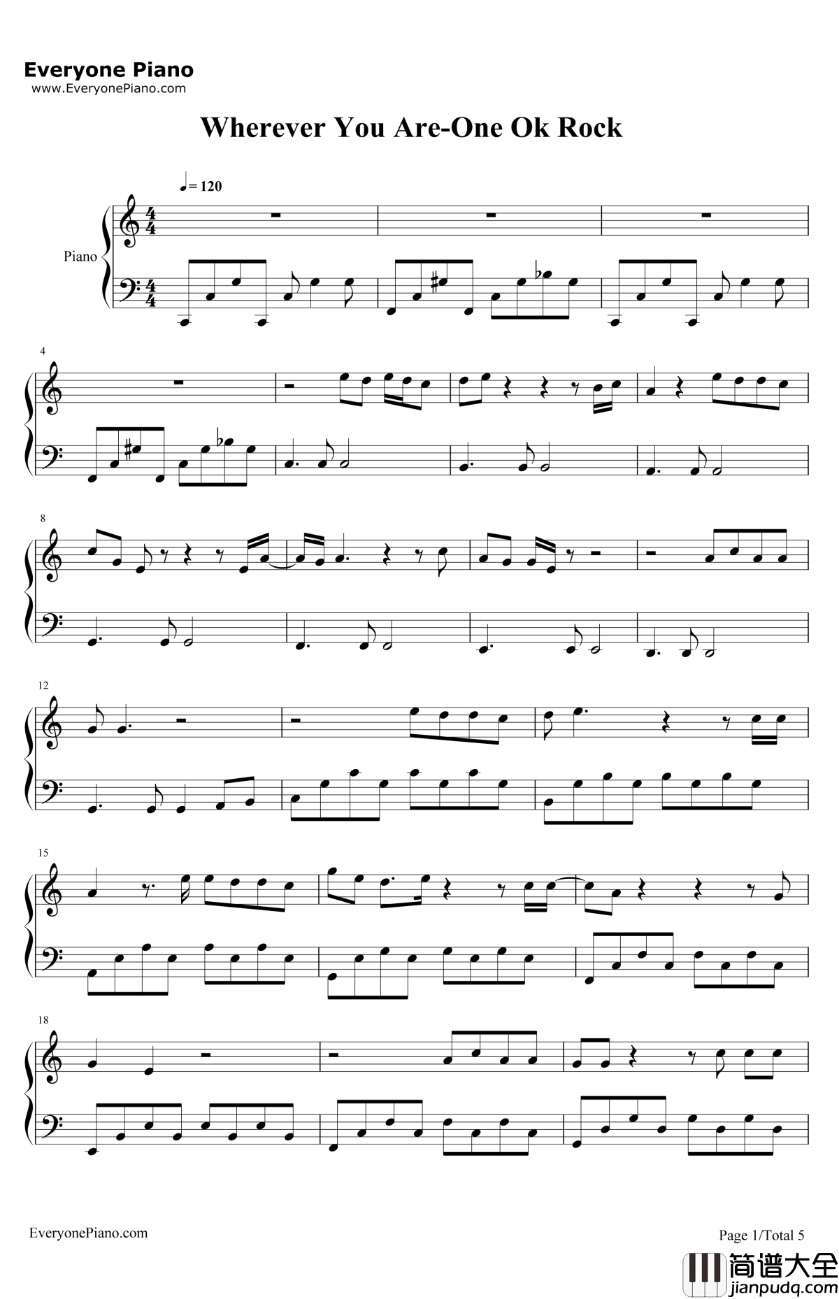 WhereverYouAre钢琴谱_OneOkRock