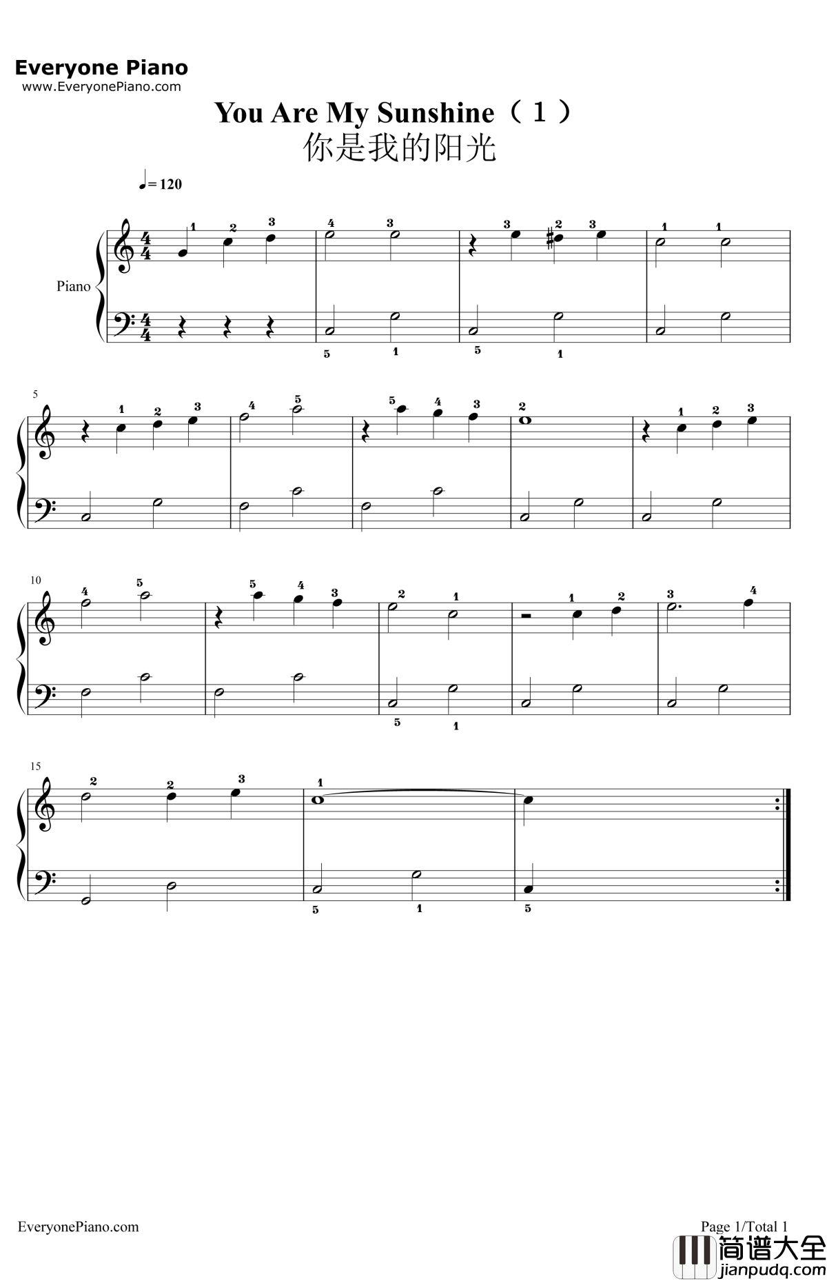 YouAreMySunshine超简单版钢琴谱_JimmieDavis_YouAreMySunshine超简单版