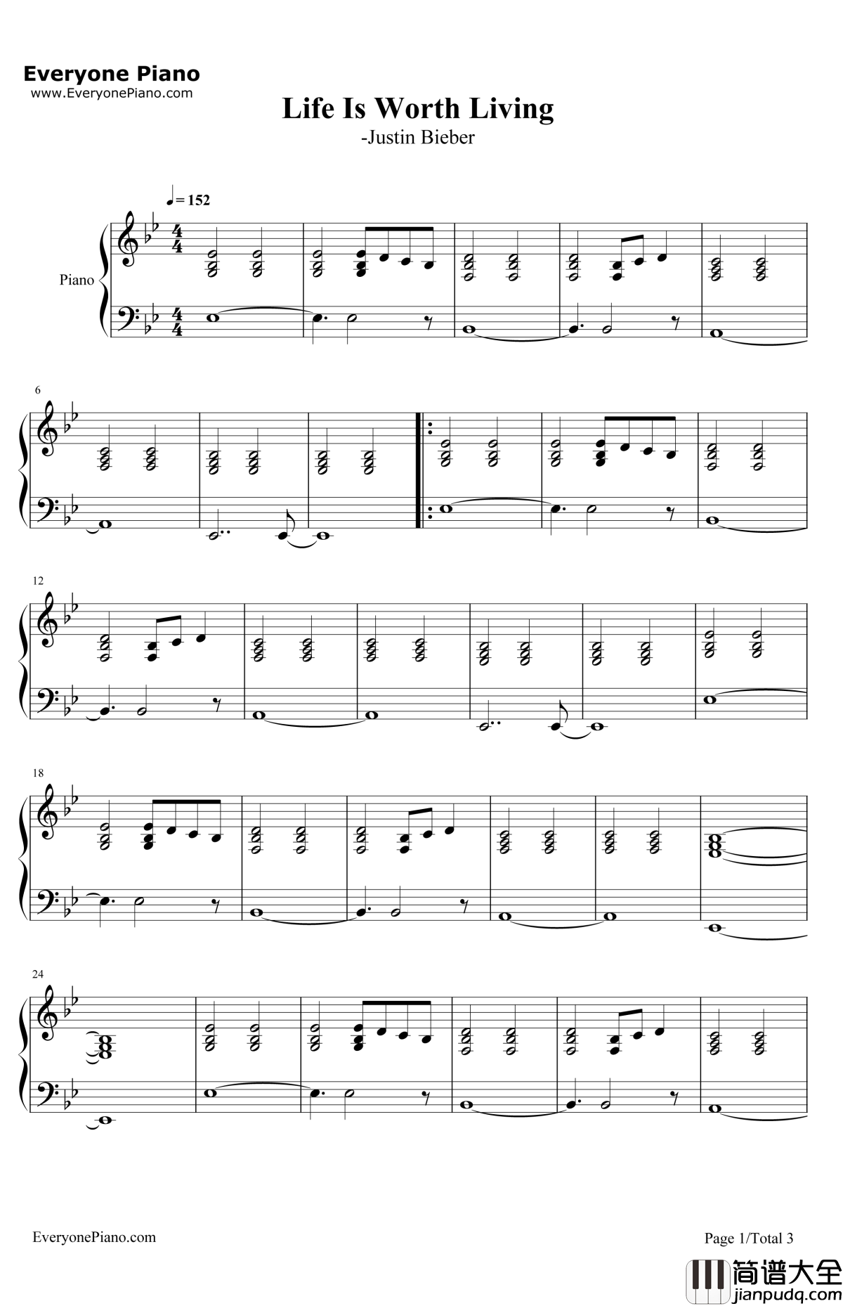 LifeIsWorthLiving钢琴谱_贾斯汀•比伯