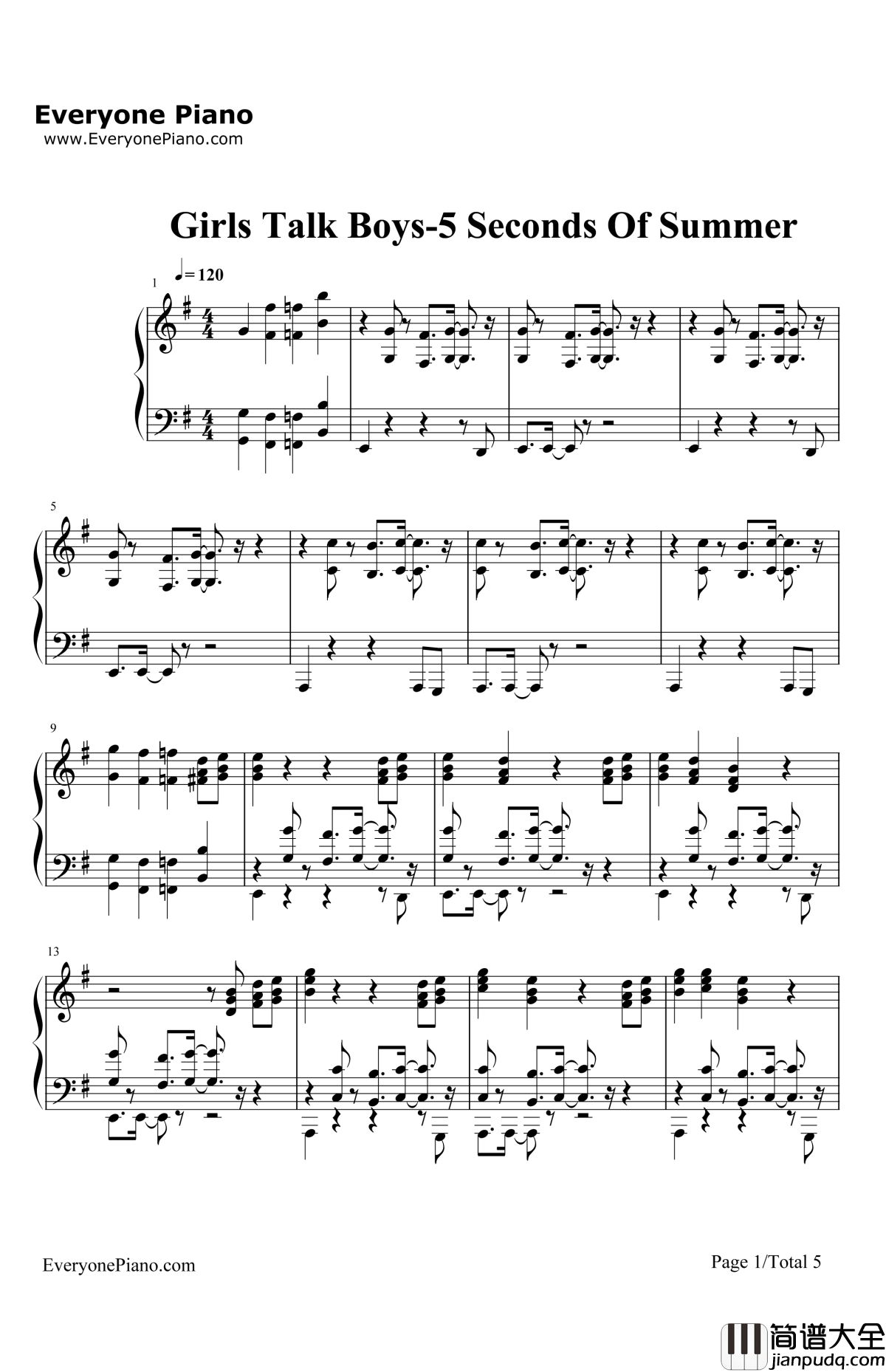 GirlsTalkBoys钢琴谱_5SecondsOfSummer