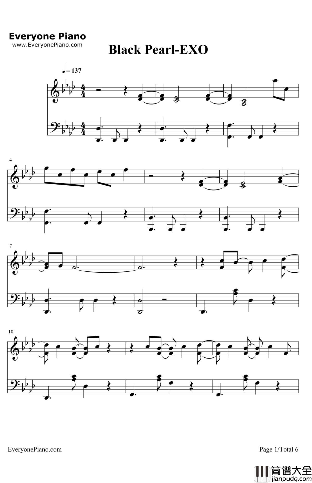 BlackPearl钢琴谱_EXO