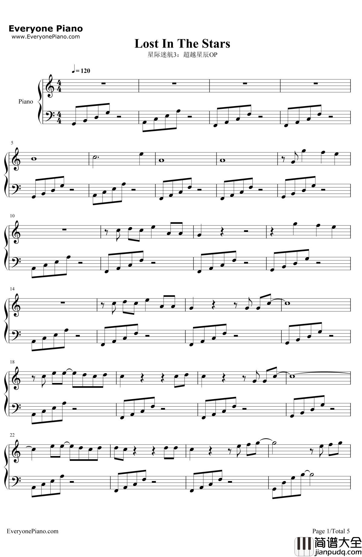 LostinTheStars钢琴谱_张杰_星际迷航3：超越星辰OP