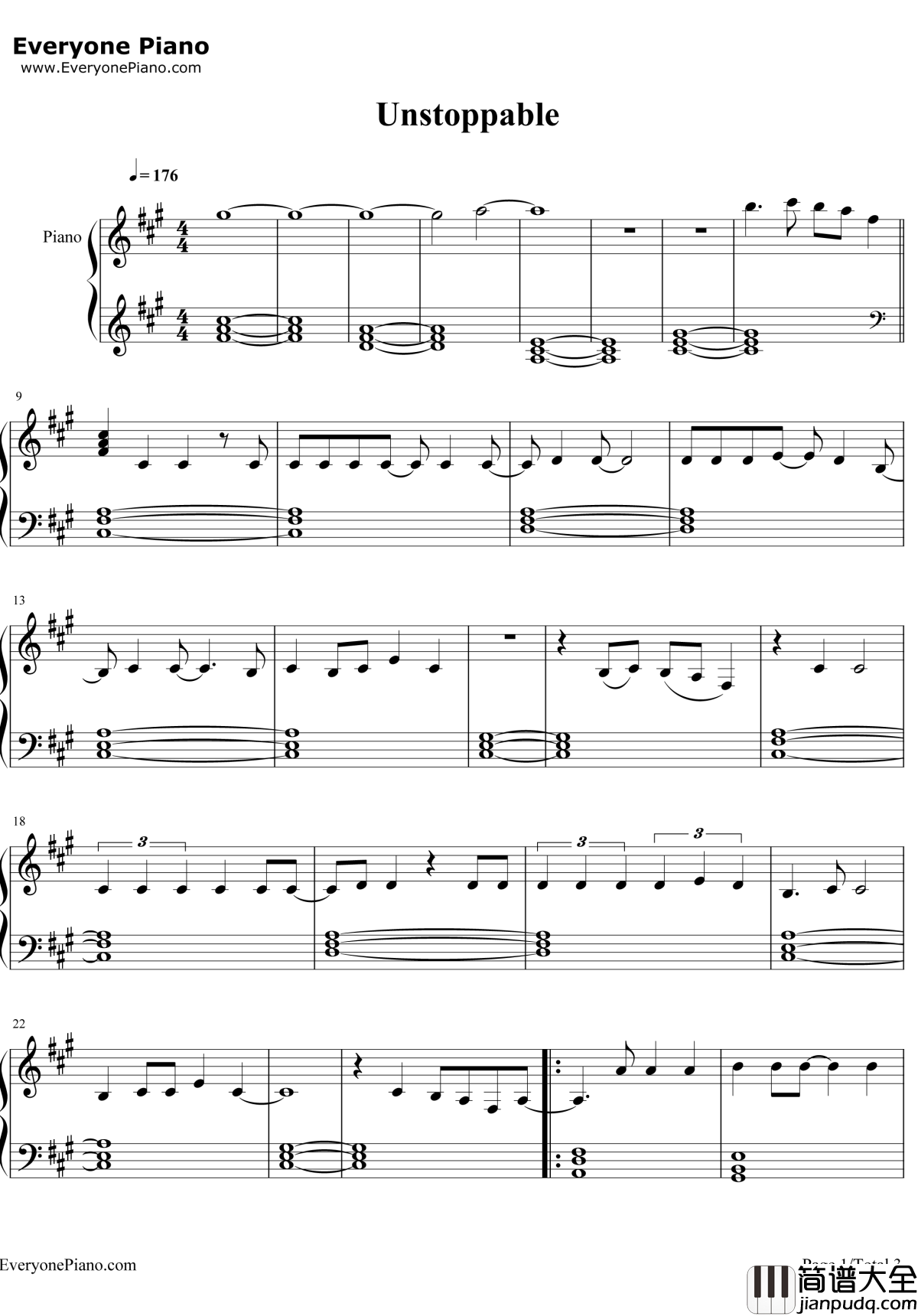 Unstoppable钢琴谱_Sia