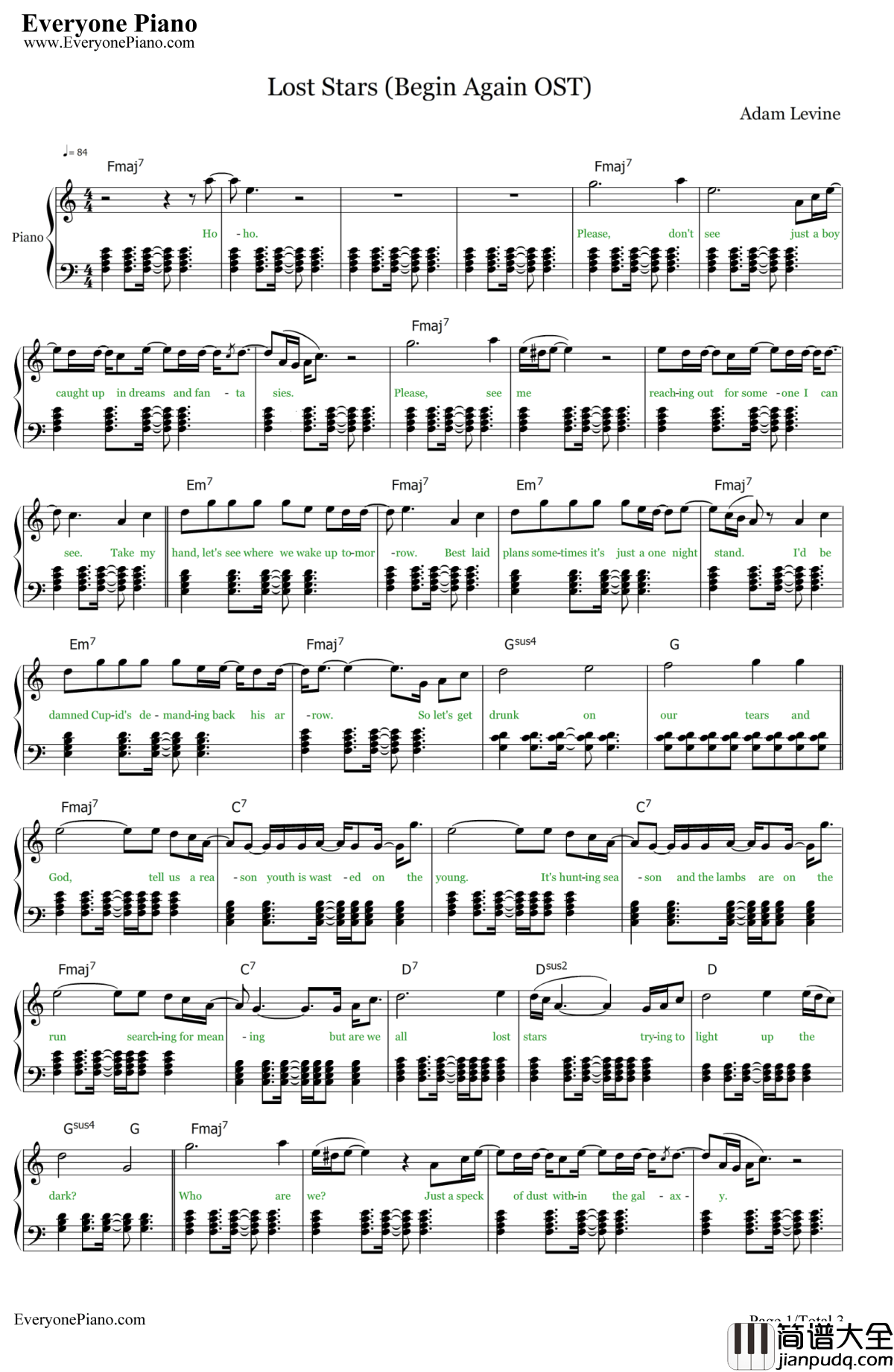 LostStars钢琴谱_AdamLevine_歌曲改变人生主题曲