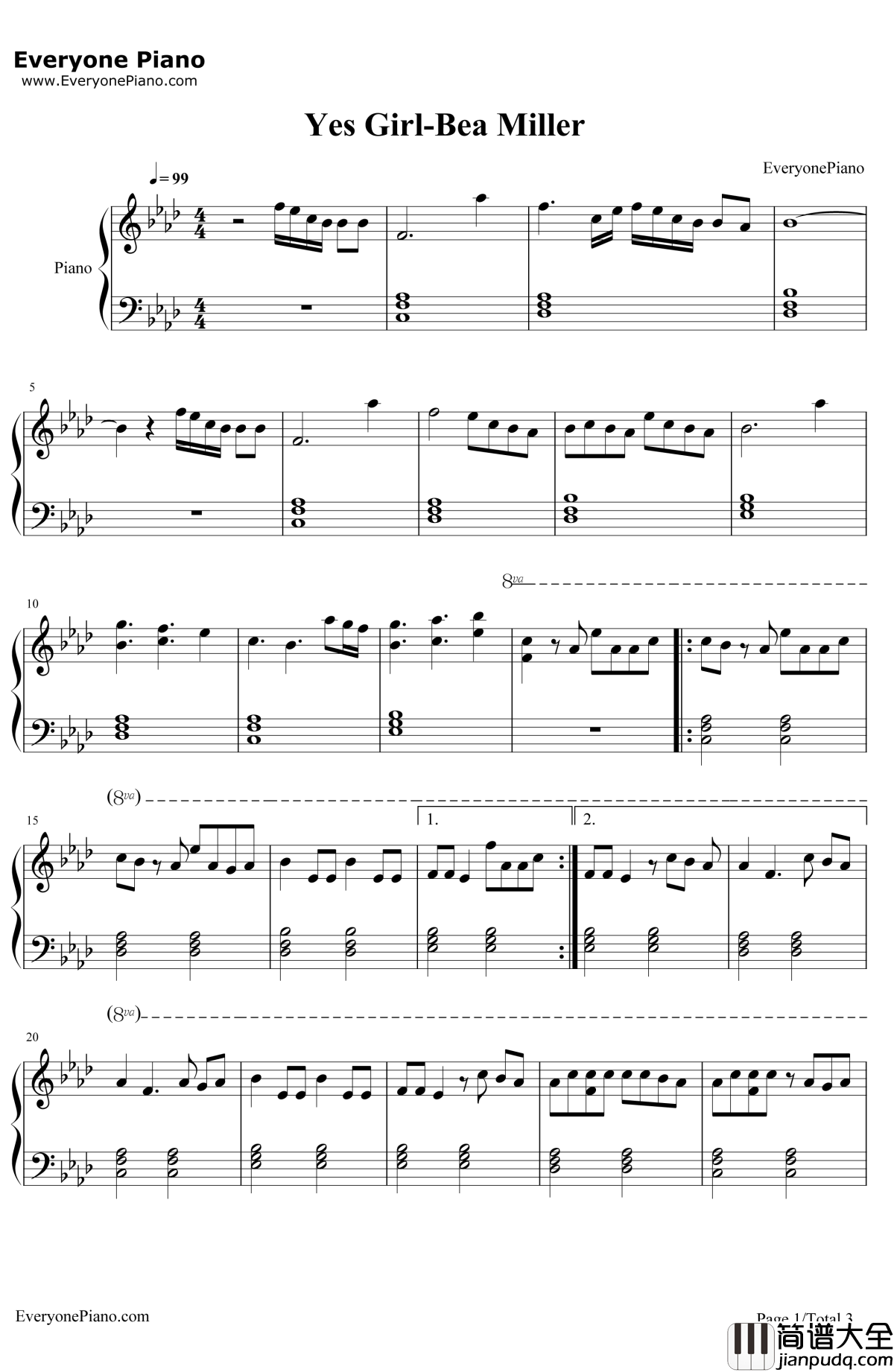 YesGirl钢琴谱_BeaMiller