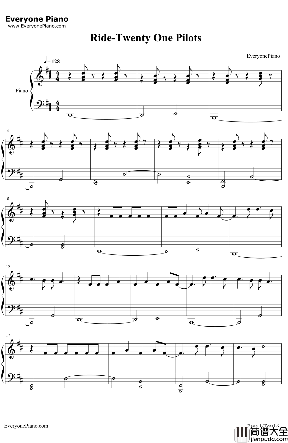 Ride钢琴谱_TwentyOnePilots