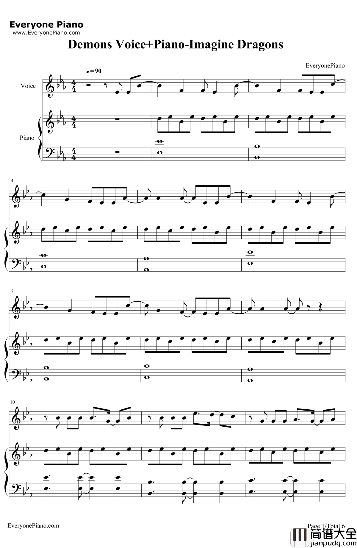 Demons弹唱版钢琴谱_ImagineDragons