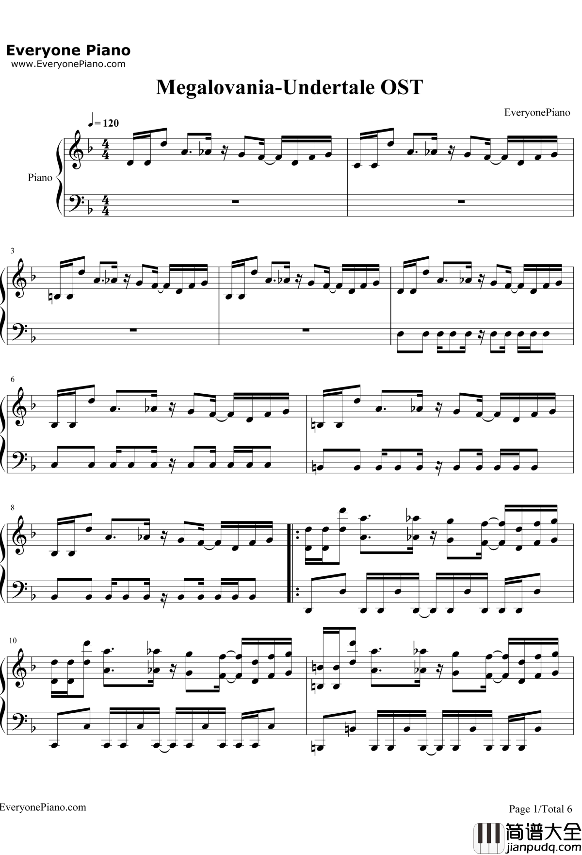 Megalovania钢琴谱_TobyFox_UndertaleOST