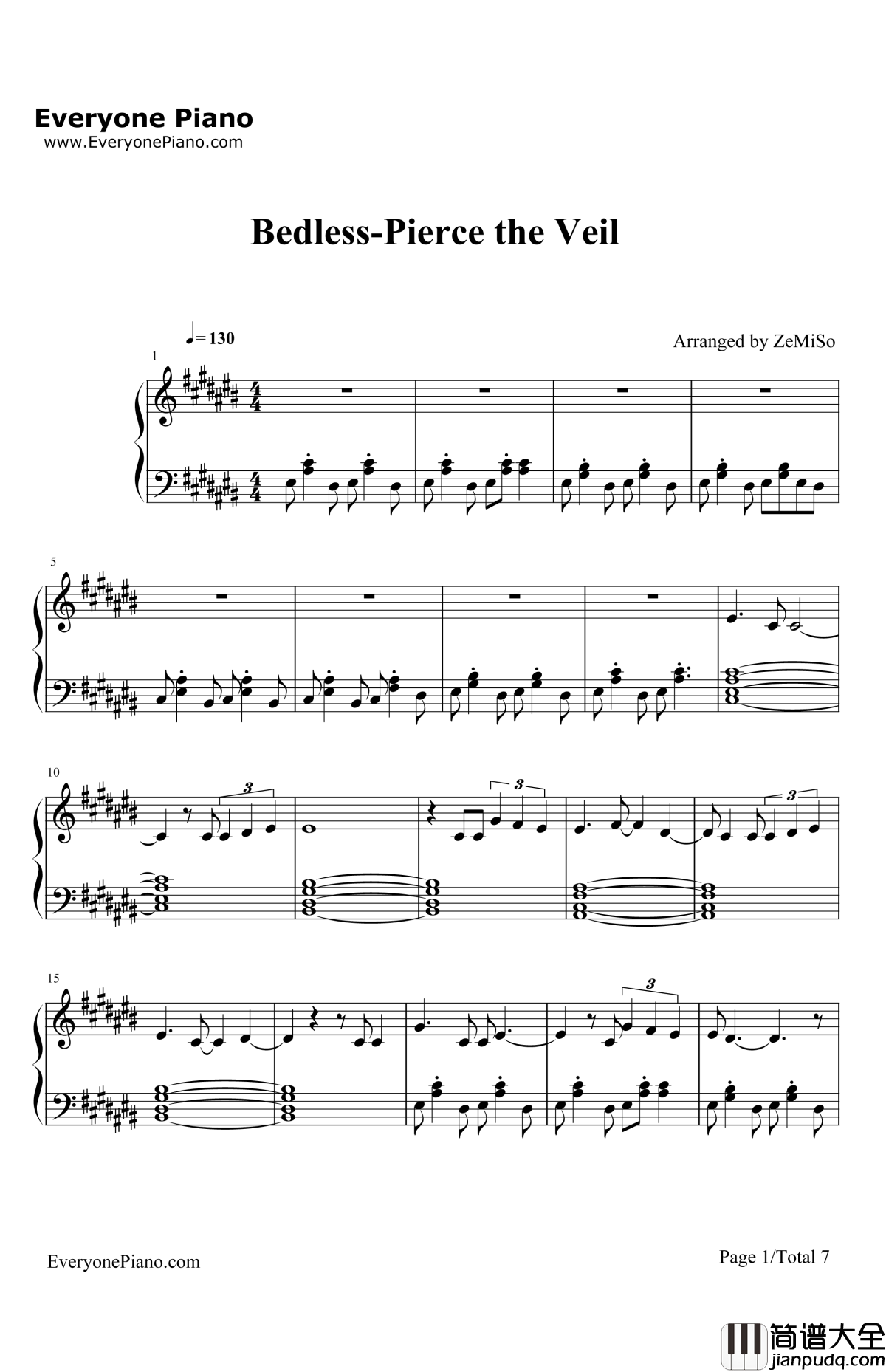 Bedless钢琴谱_PiercetheVeil