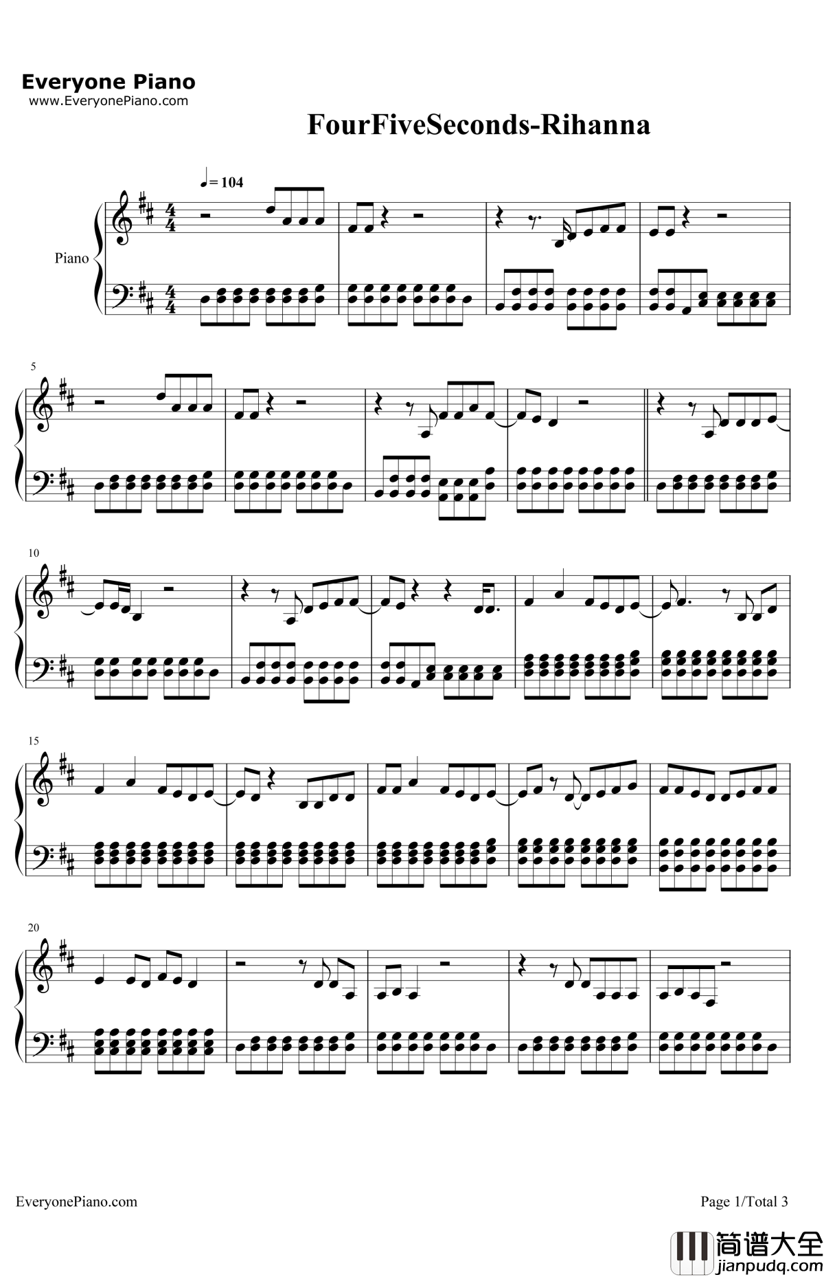 FourFiveSeconds钢琴谱_Rihanna
