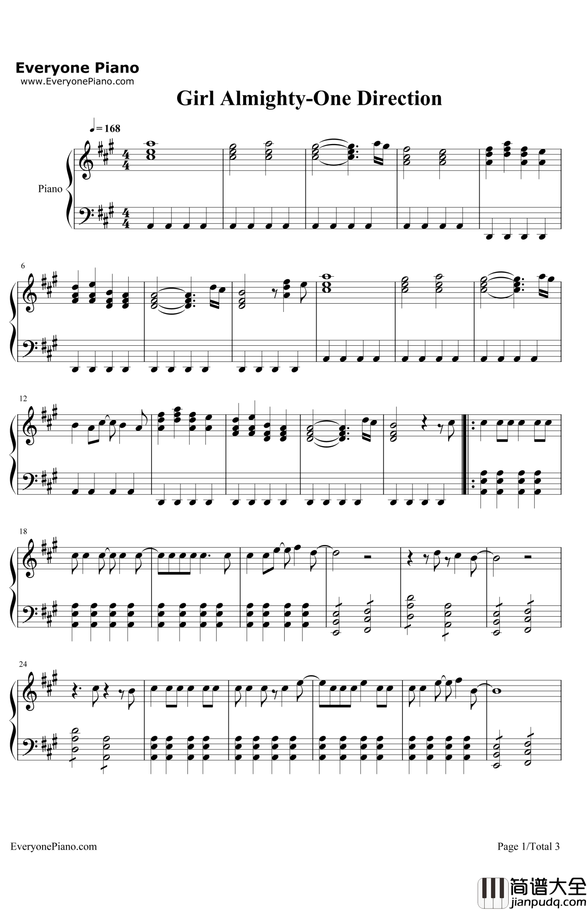 GirlAlmighty钢琴谱_OneDirection