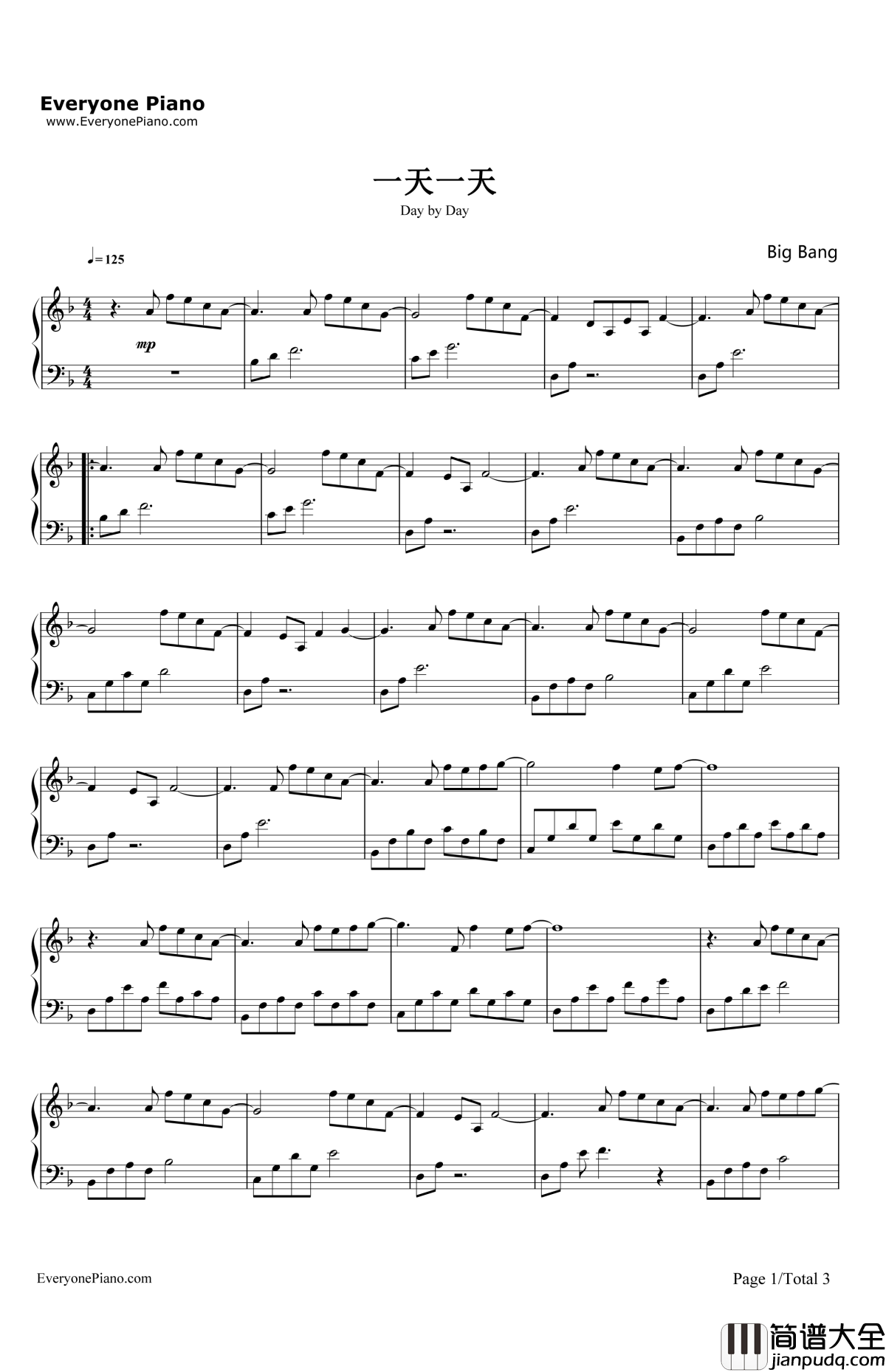 一天一天DaybyDay钢琴谱_BigBang_StandUp