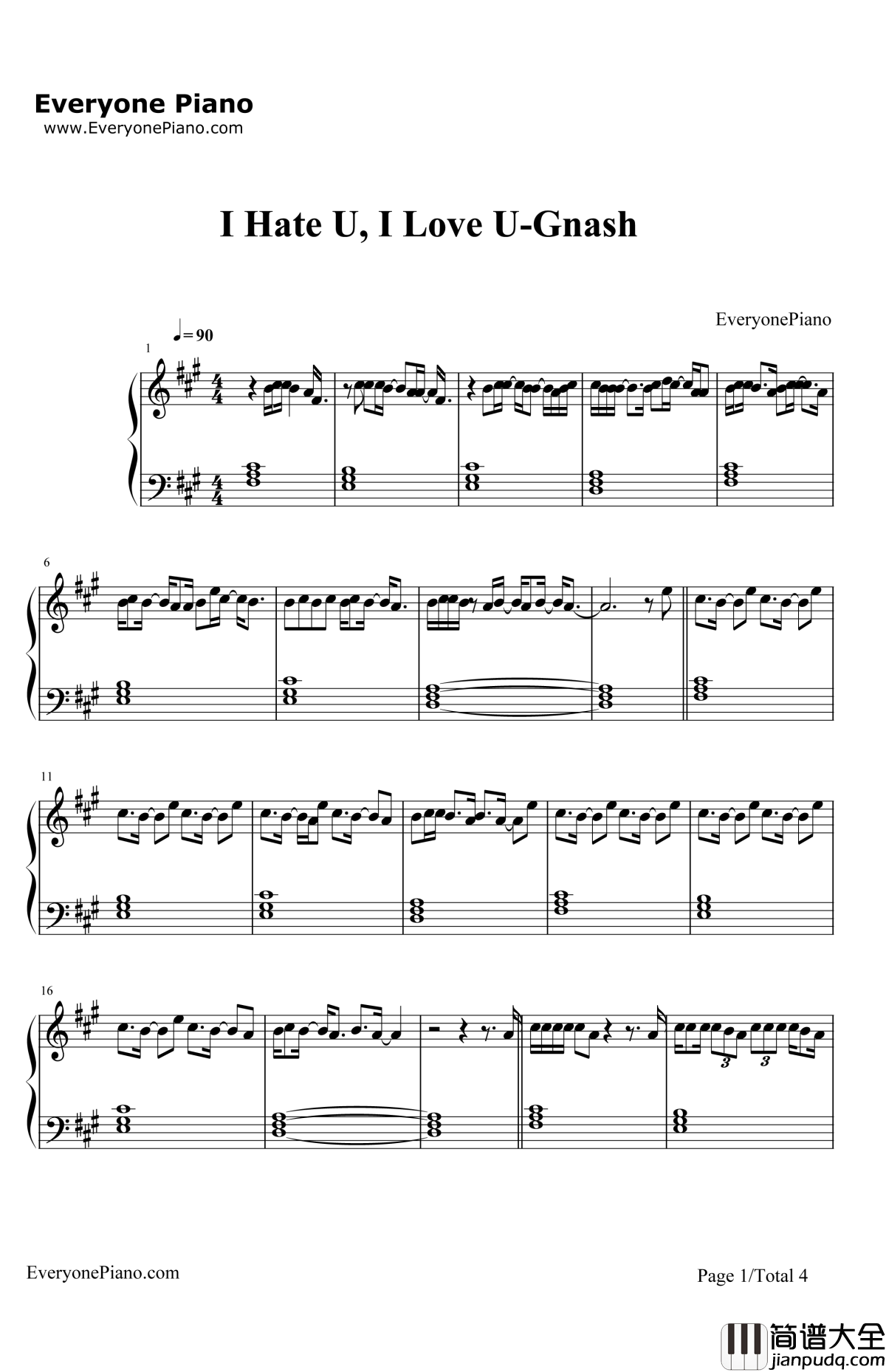 I_HateU_I_Love_U钢琴谱_Gnash