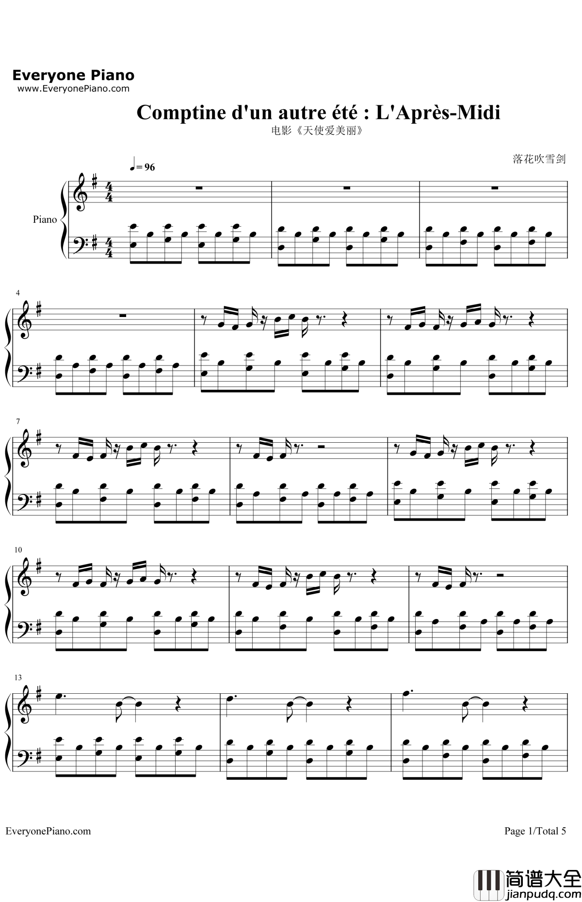 _天使爱美丽_主题曲钢琴谱_YannTiersen_天使爱美丽电影原声