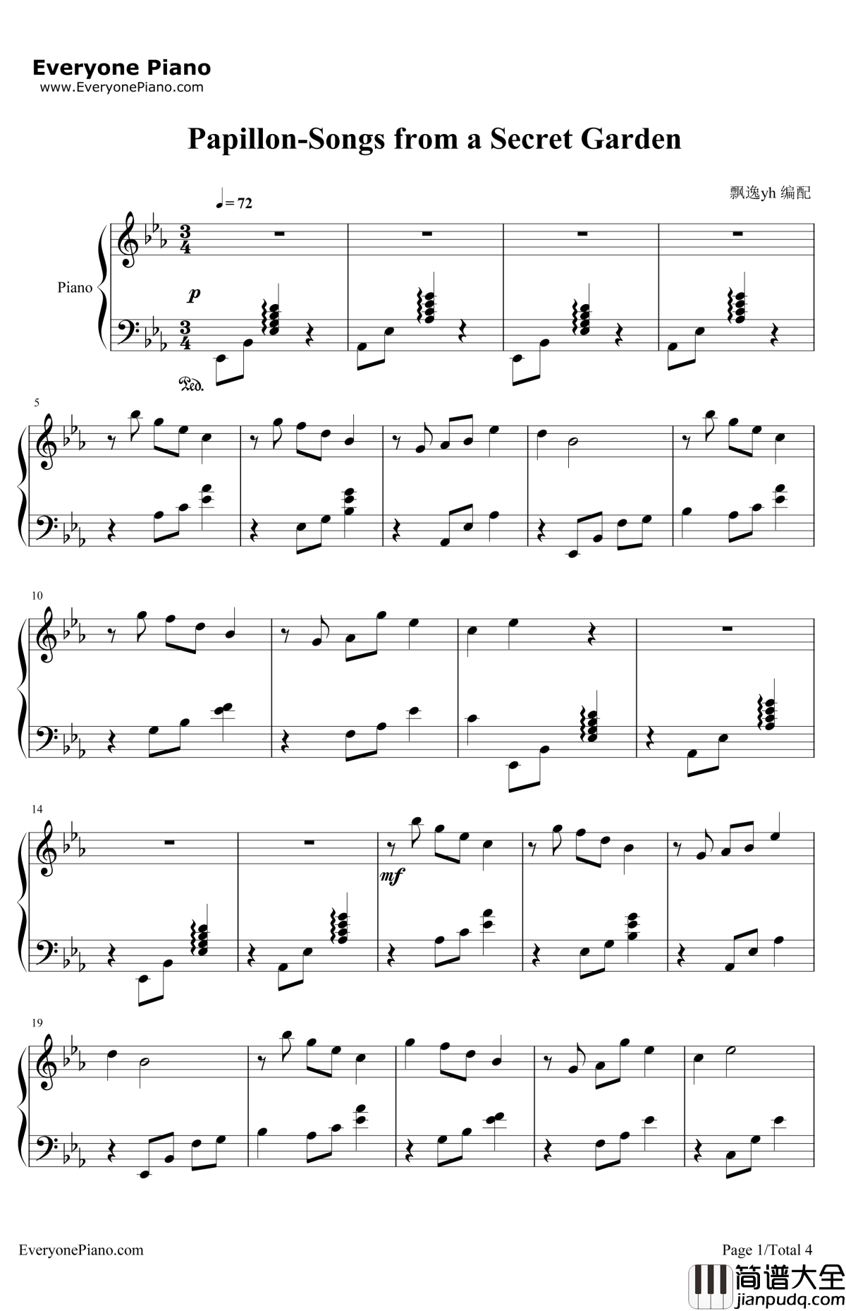 Papillon钢琴谱_神秘园（SecretGarden）_SongsfromaSecretGarden
