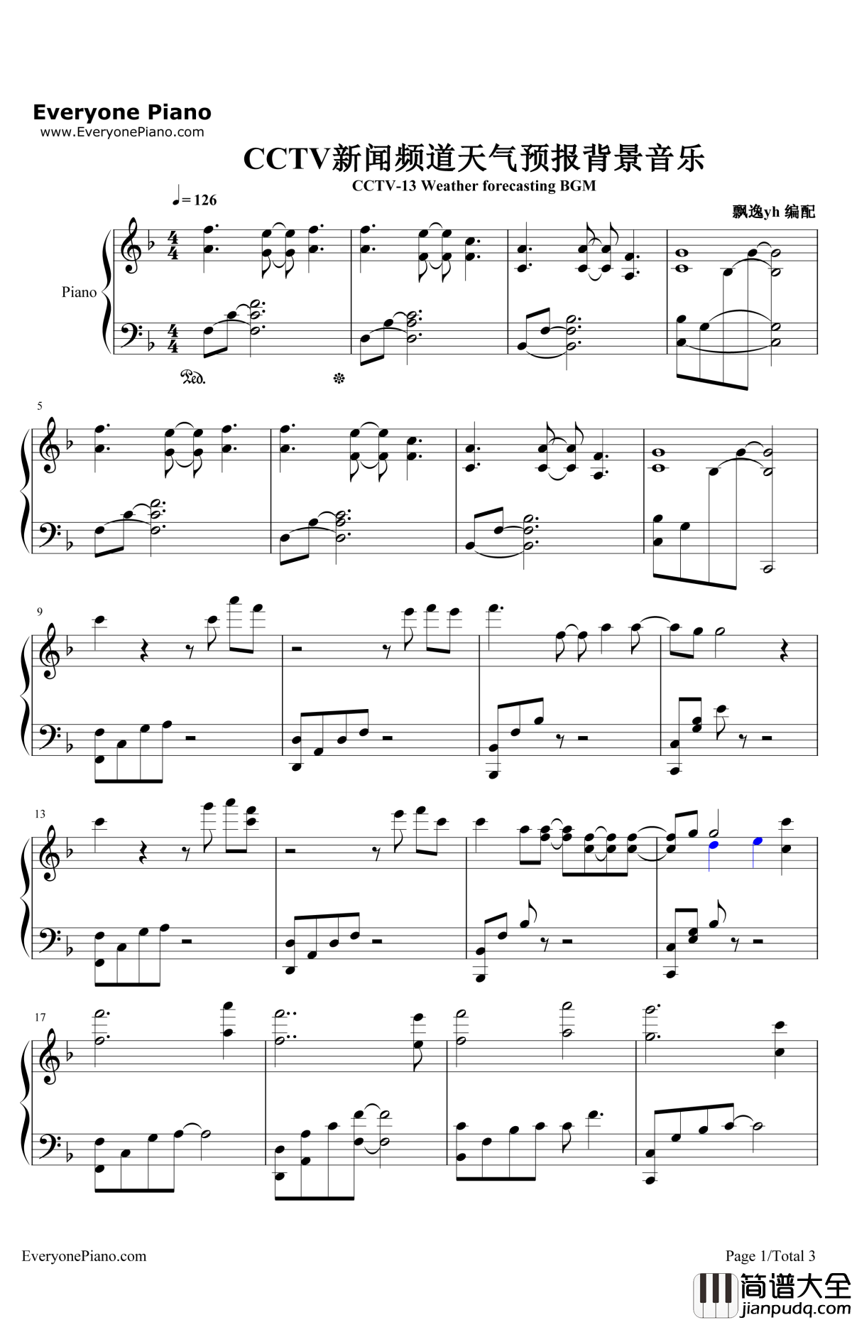 CCTV新闻频道天气预报背景音乐钢琴谱_未知_CCTV新闻频道天气预报背景音乐