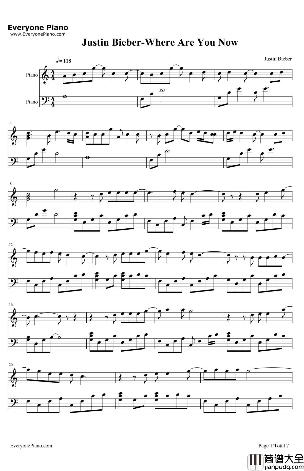 WhereAreUNow钢琴谱_JustinBieber