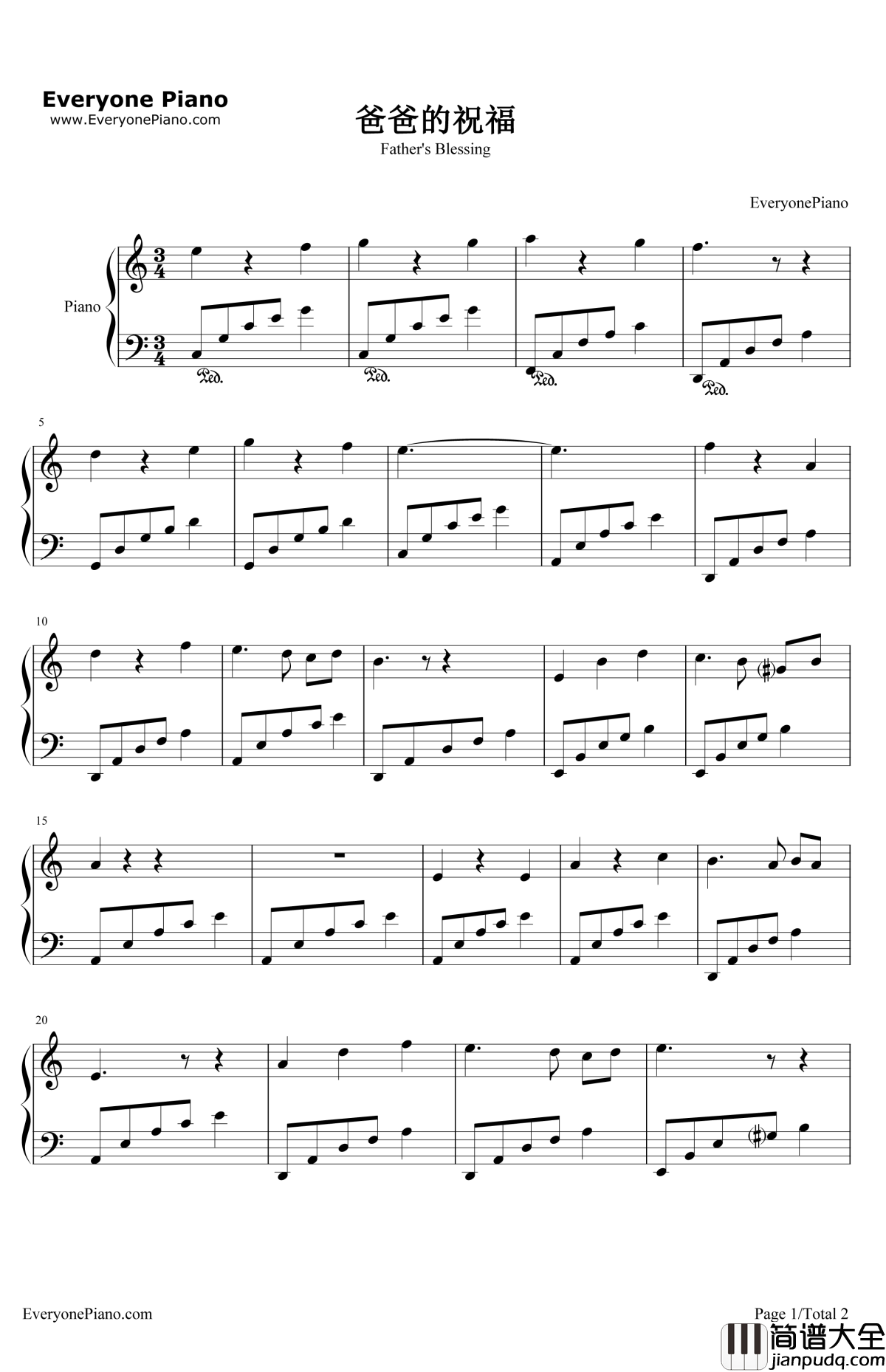 爸爸的祝福钢琴谱_李学范_金姬和银姬的命运插曲