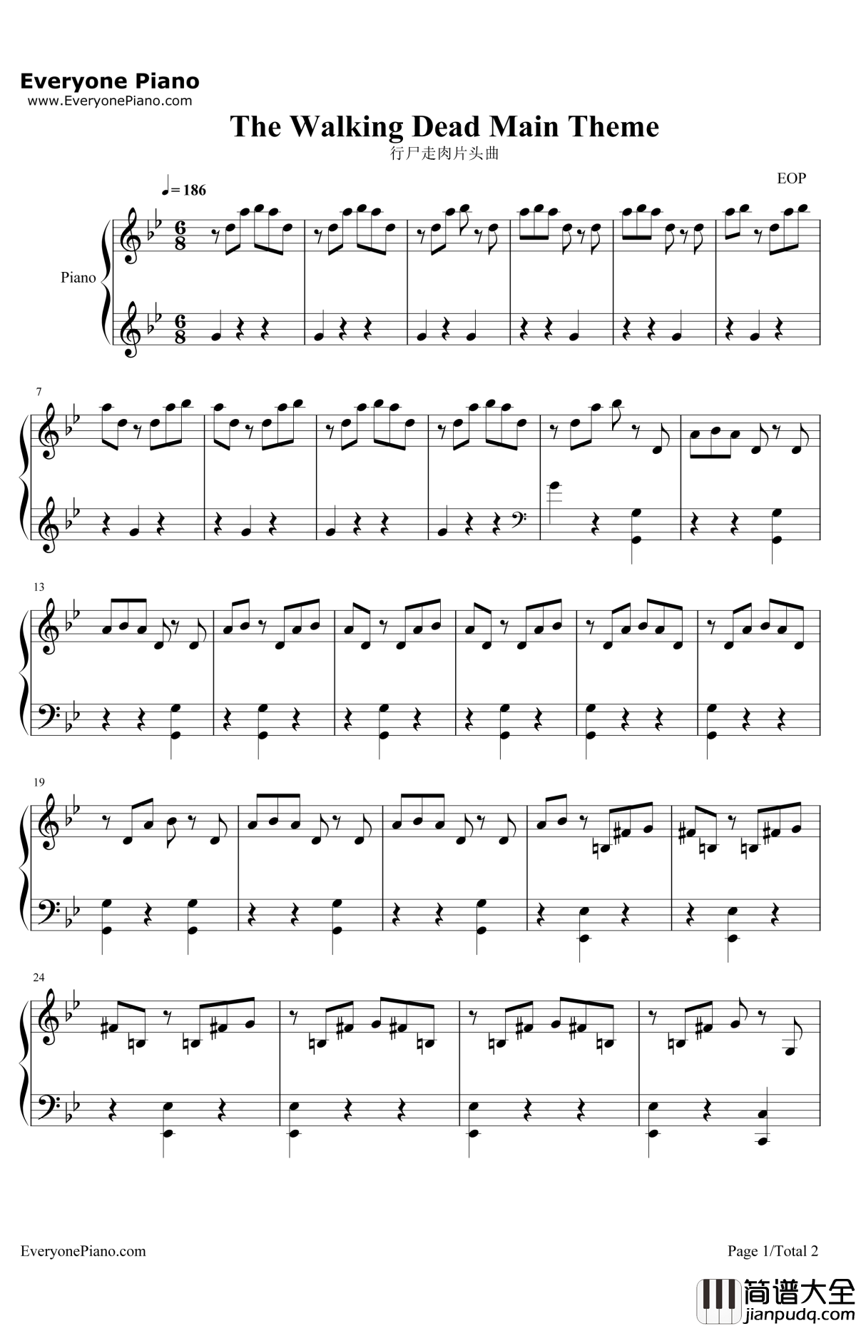 美剧_行尸走肉_开场曲钢琴谱_美剧_行尸走肉_开场曲