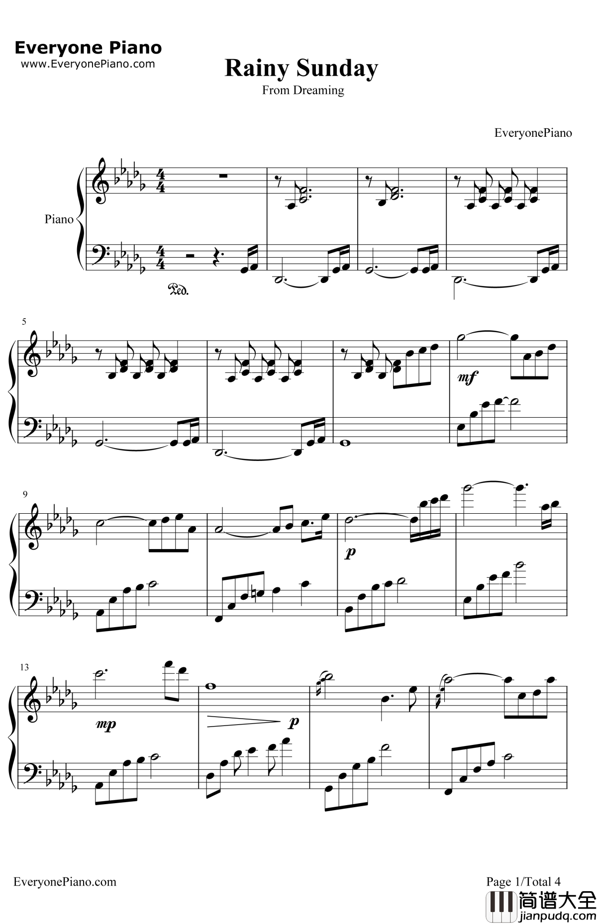 下雨的星期日钢琴谱_白日梦_神秘钢琴家白日梦