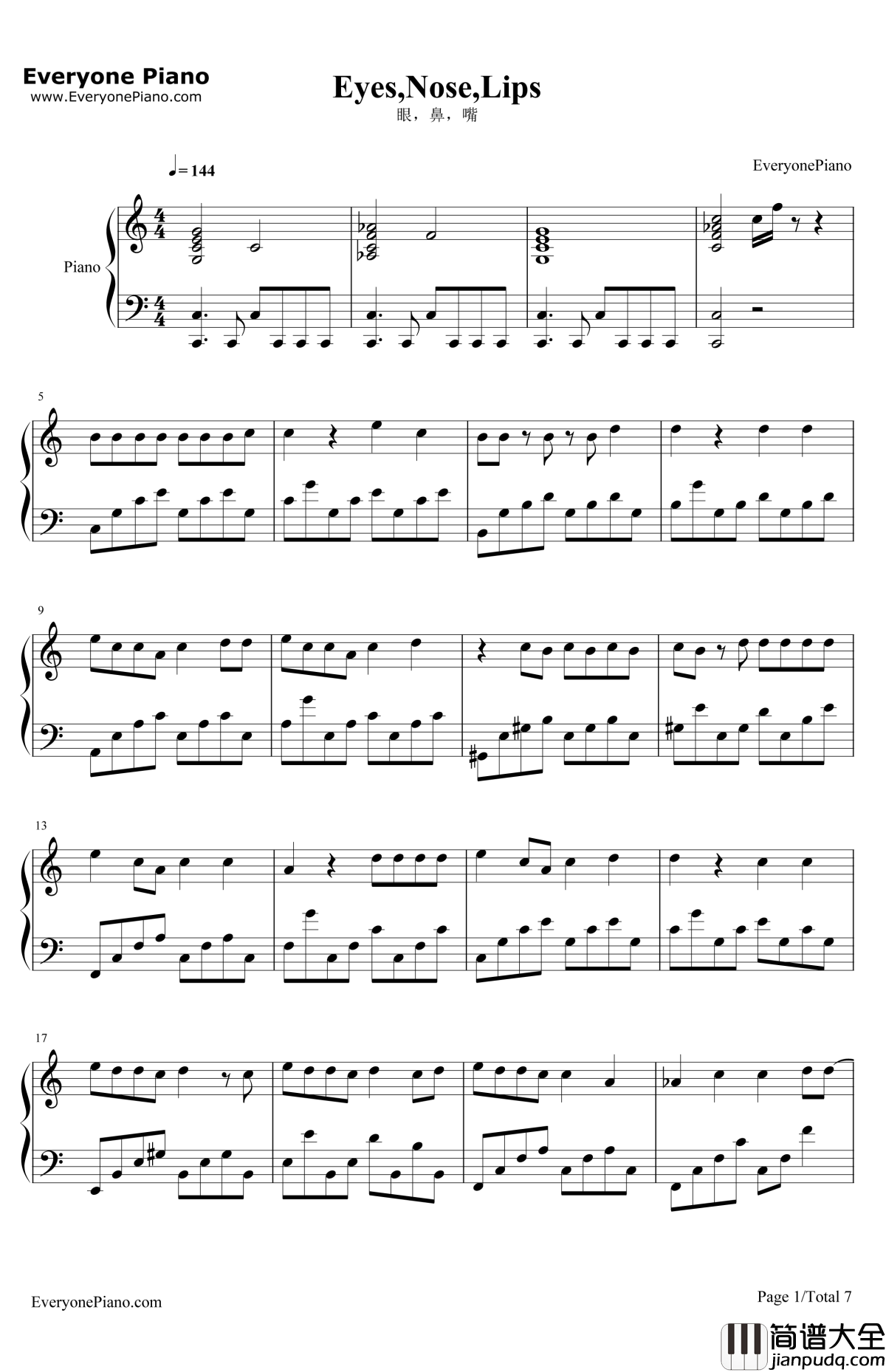 眼鼻嘴钢琴谱_Taeyang_太阳