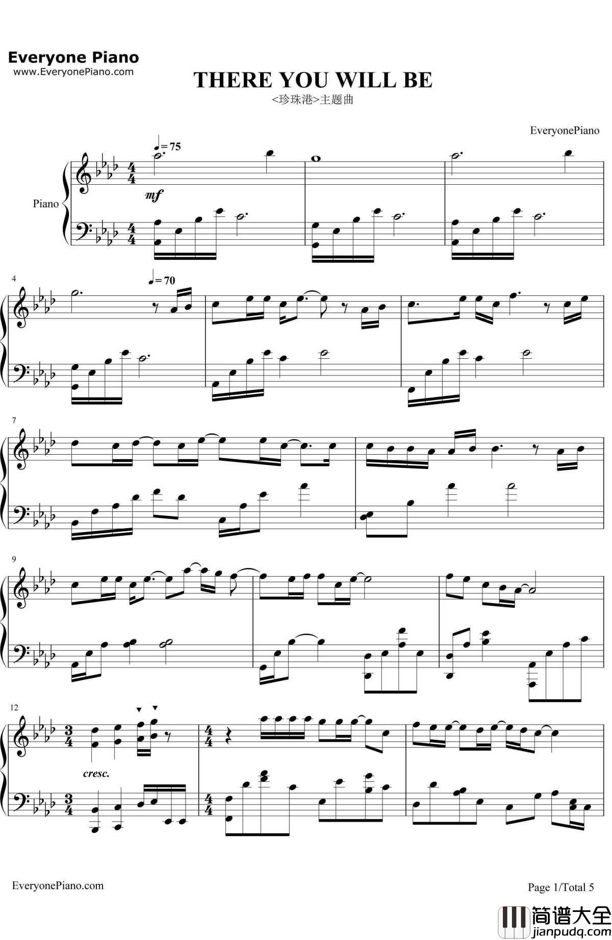 ThereYou'llBe钢琴谱_FaithHill__珍珠港_主题曲