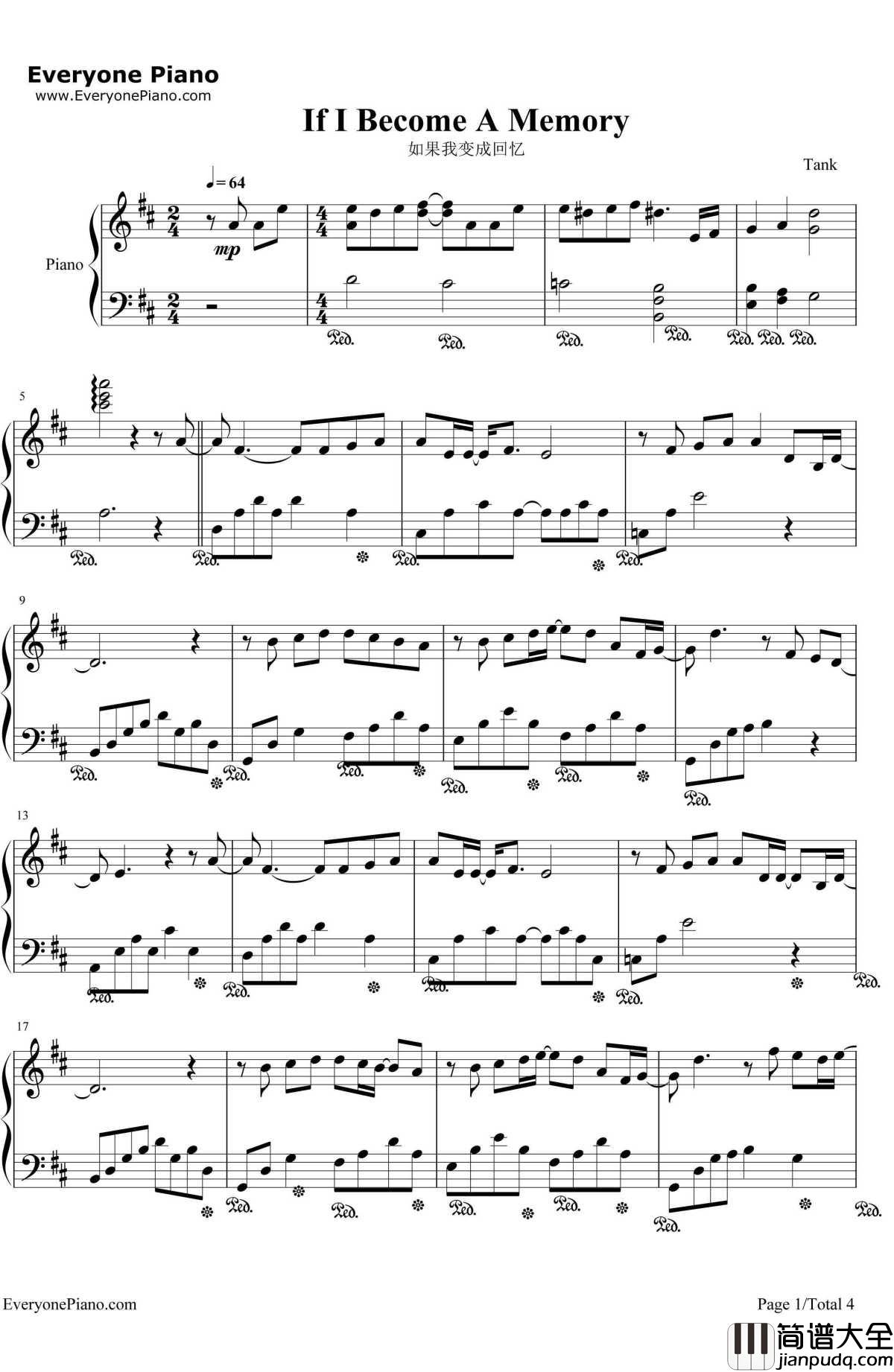 如果我变成回忆钢琴谱_Tank
