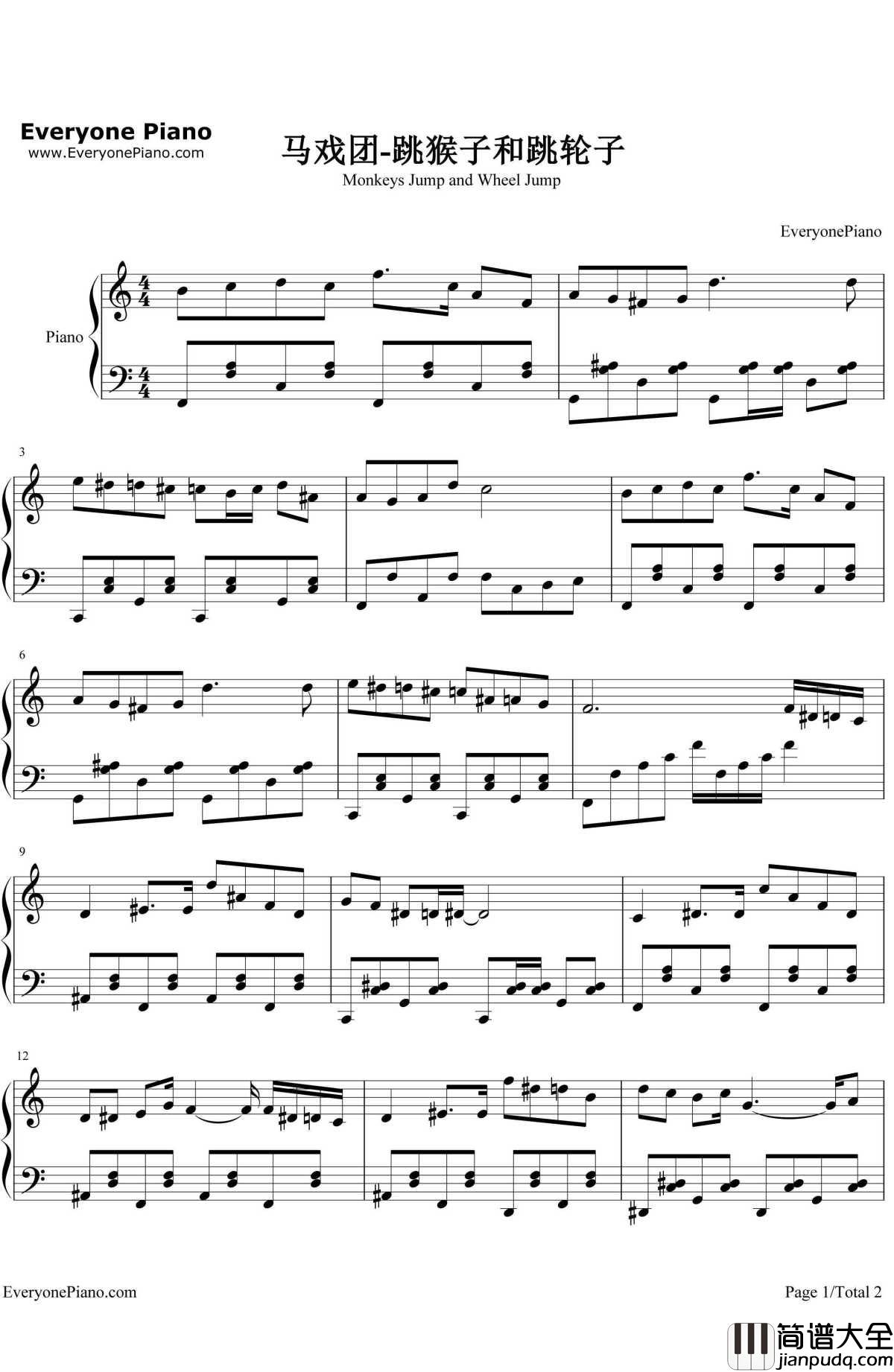 跳猴子和跳轮子钢琴谱_FC游戏_马戏团_