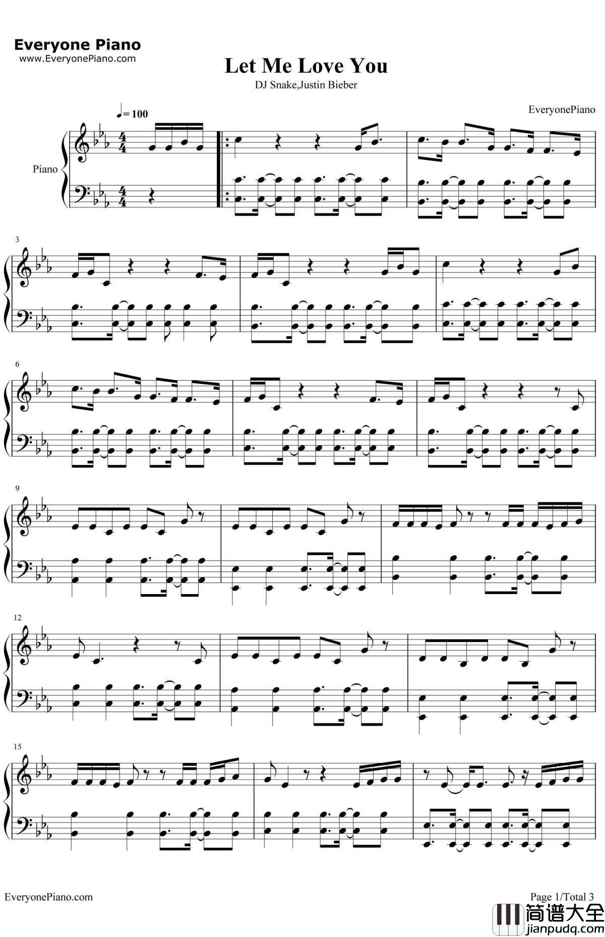 LetMeLoveYou钢琴谱_DJSnakeJustinBieber