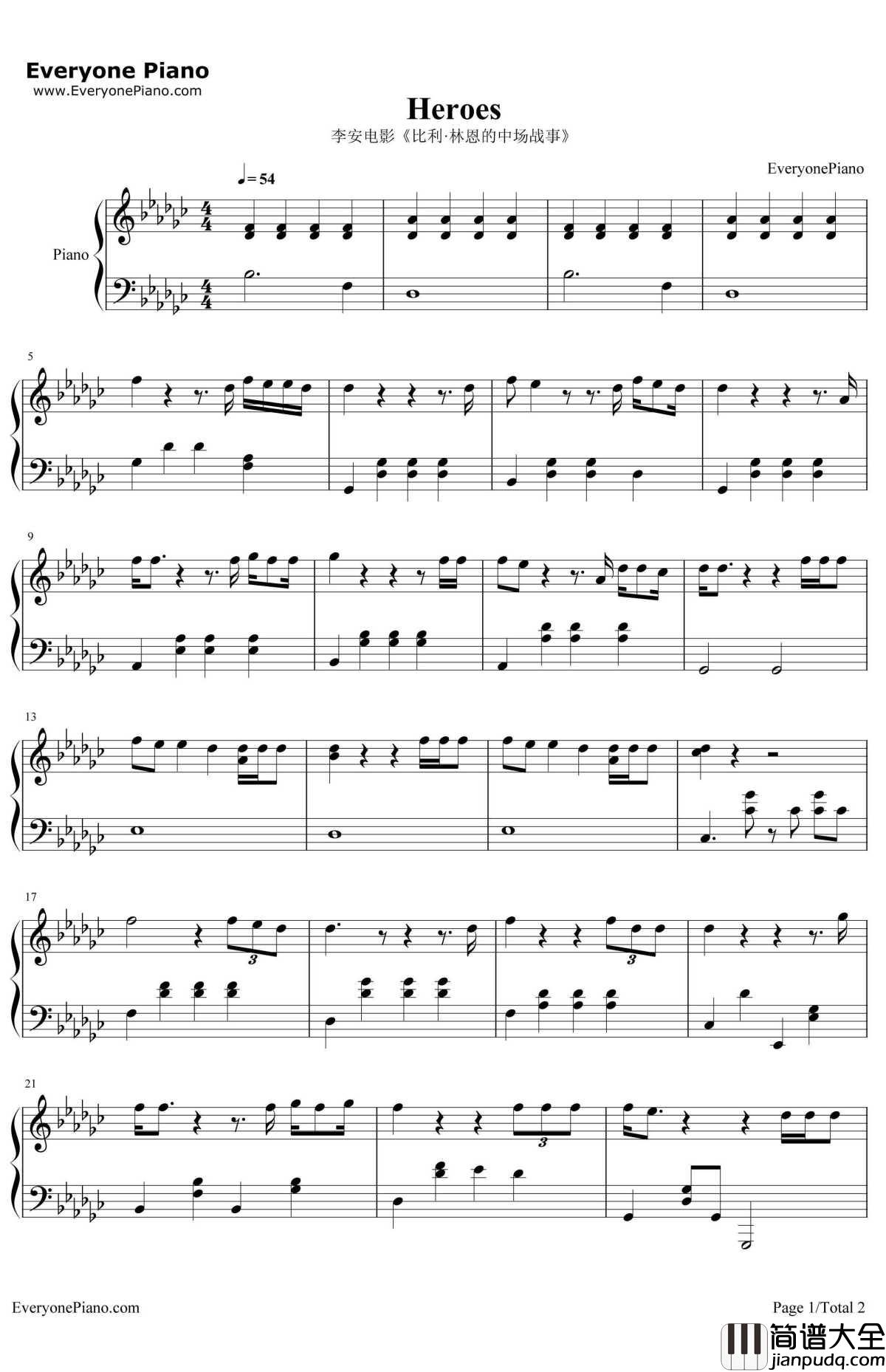 Heroes钢琴谱_ScalaKolacnyBrothers_李安电影_比利·林恩的中场战事_预告片配乐