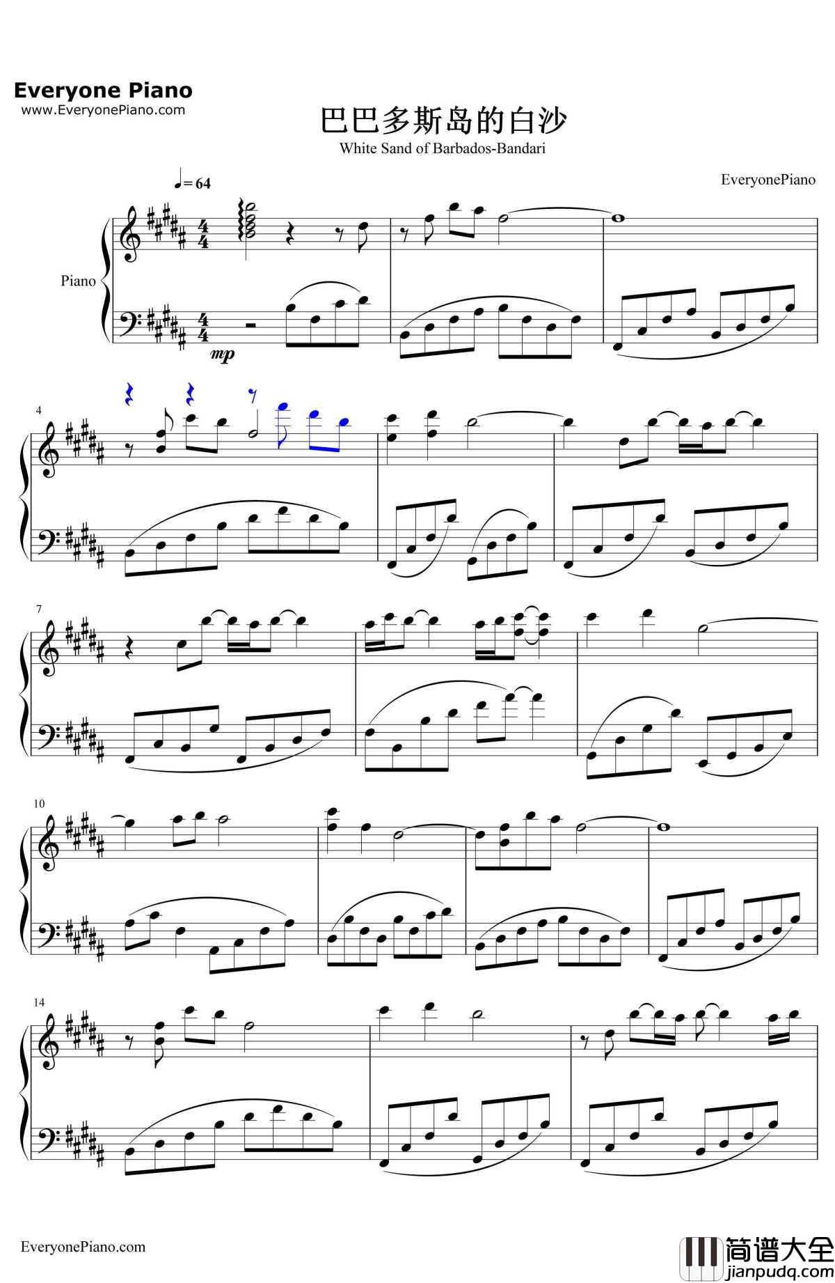 巴巴多斯岛的白沙钢琴谱_班得瑞__日光海岸_班得瑞