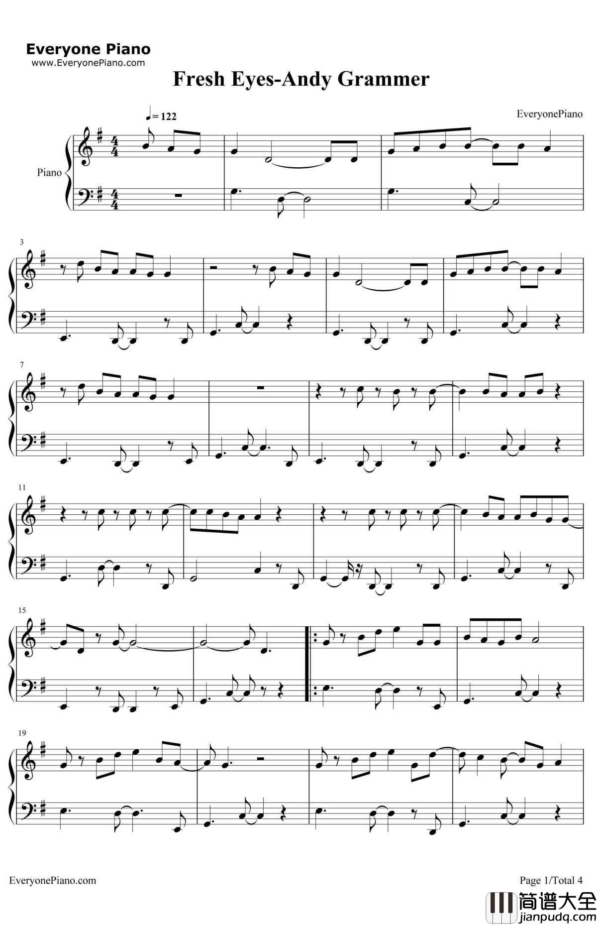 FreshEyes钢琴谱_AndyGrammer