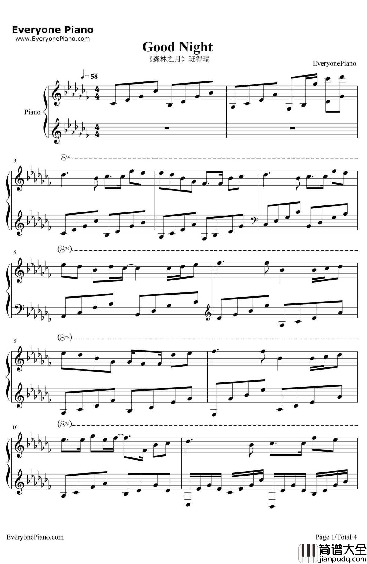 GoodNight钢琴谱_班得瑞__森林之月_班得瑞