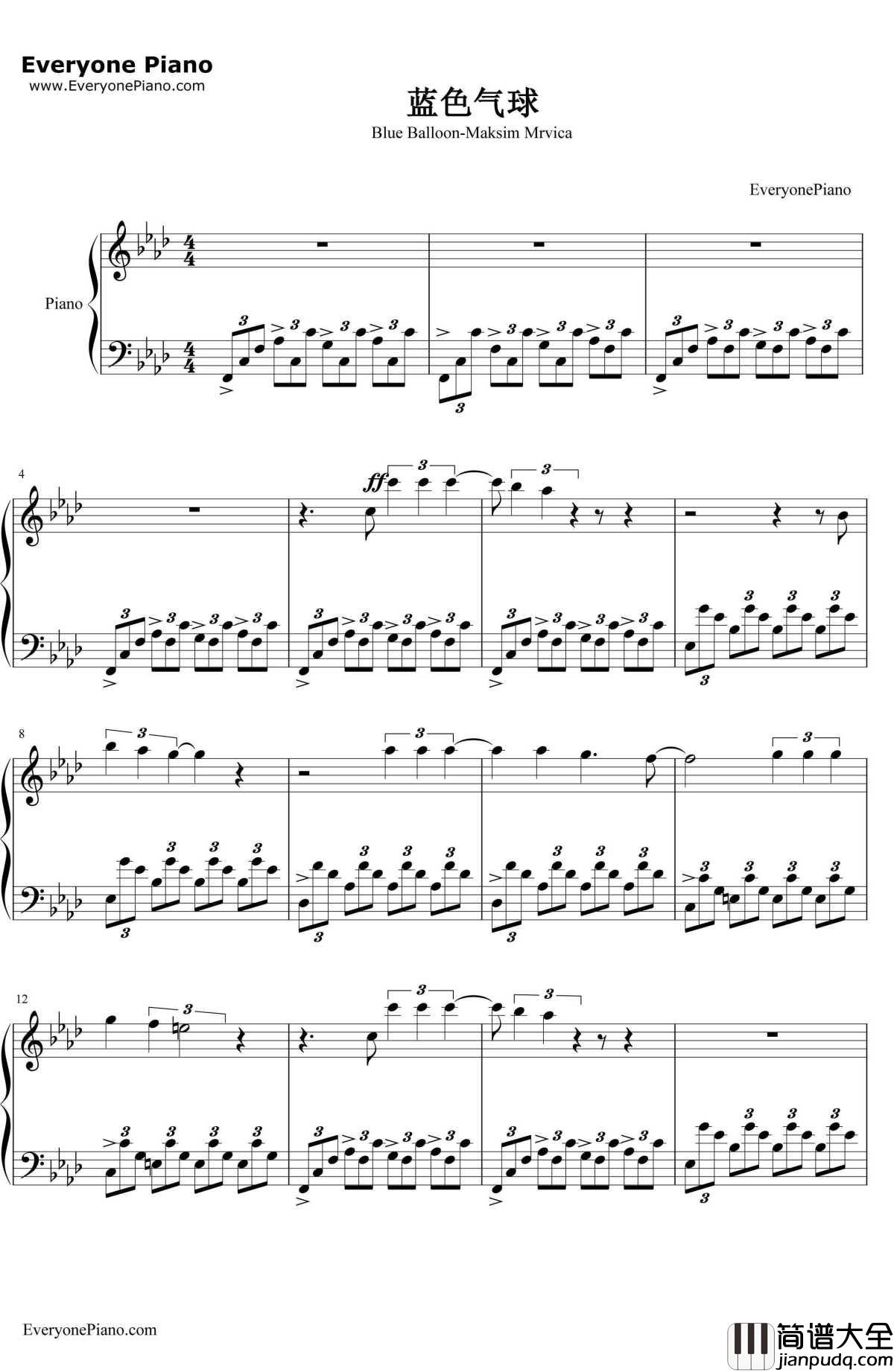 蓝色气球（BlueBalloon）钢琴谱_马克西姆