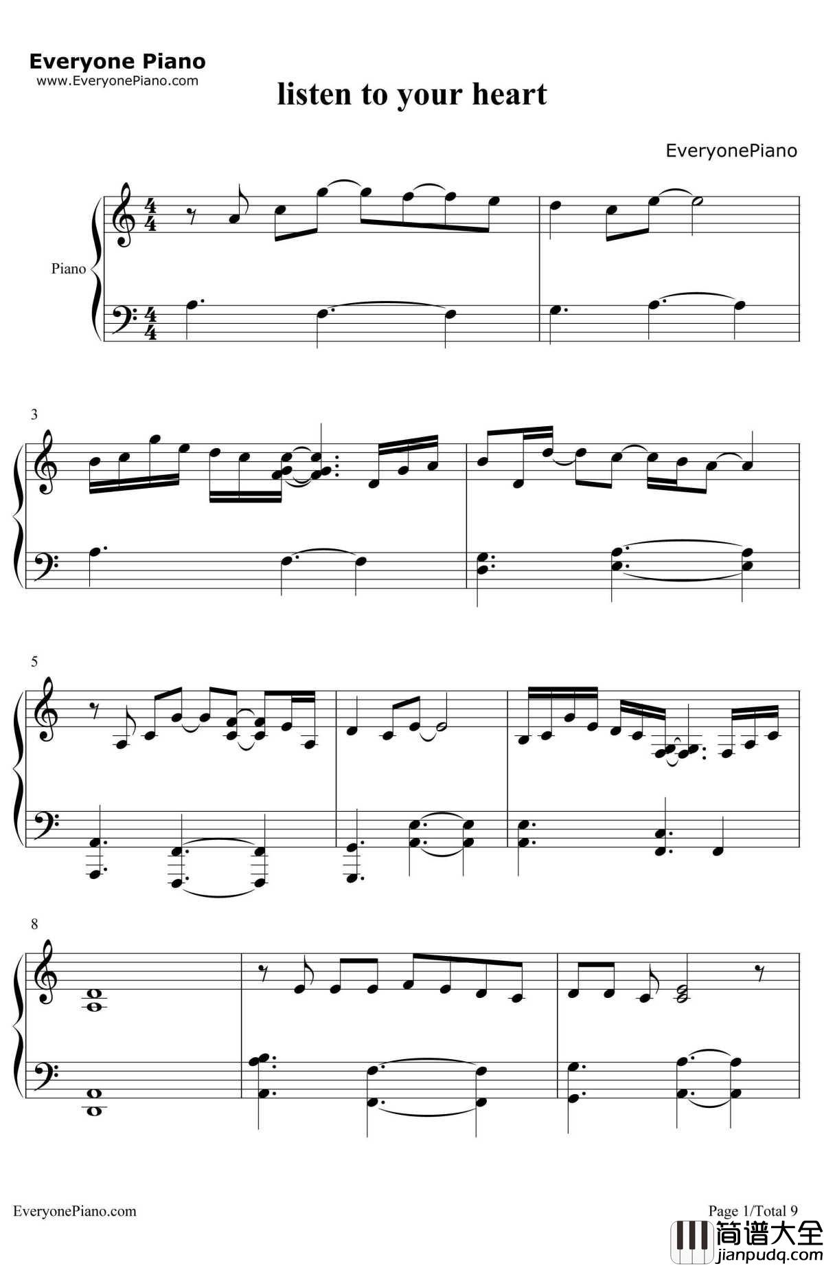 ListenToYourHeart（倾听你的心声）钢琴谱_Roxette