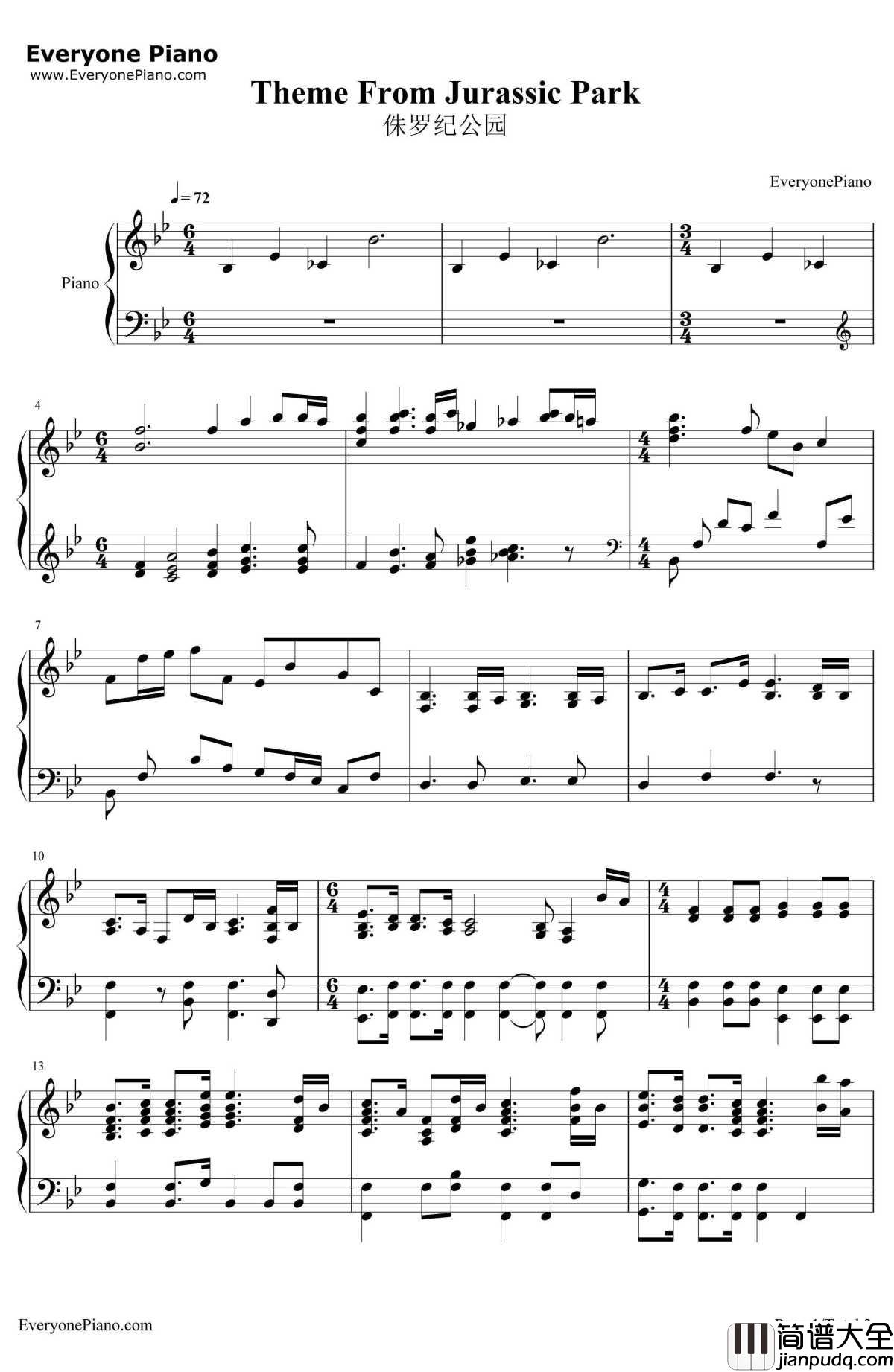 Jurassic_Park_MainTheme钢琴谱_JohnWilliams_侏罗纪公园主题曲
