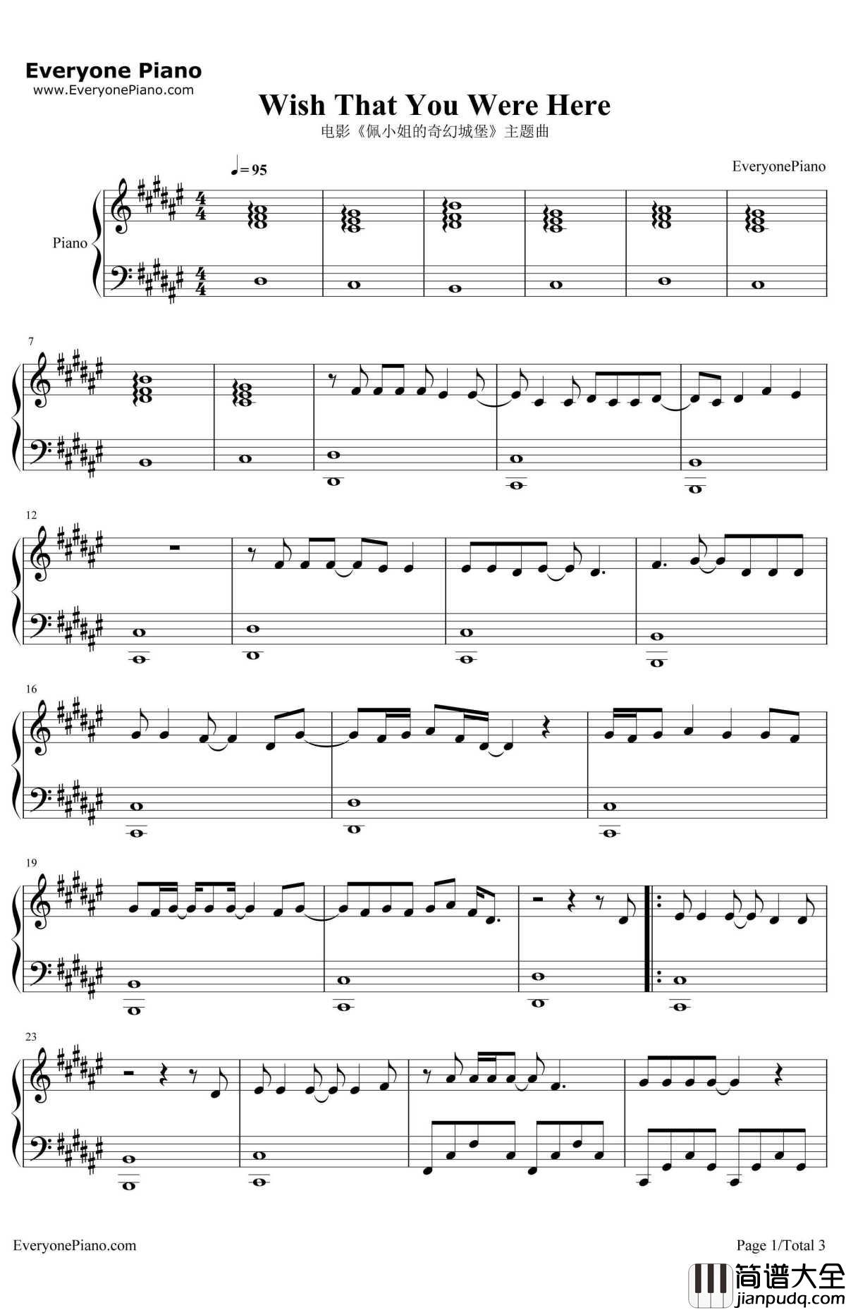 WishThatYouWereHere钢琴谱_FlorenceandtheMachine_电影_佩小姐的奇幻城堡_主题曲