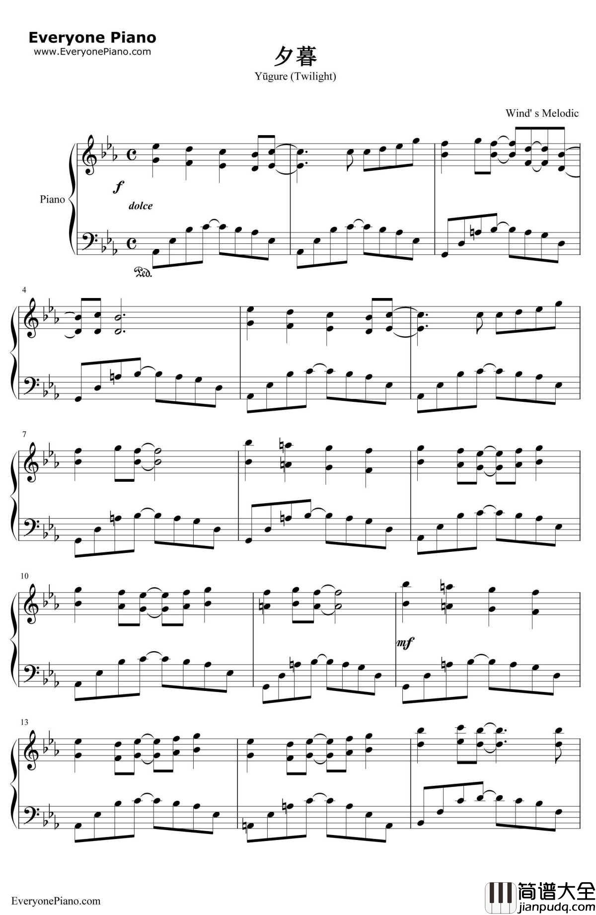 夕暮钢琴谱_网球王子__网球王子_插曲