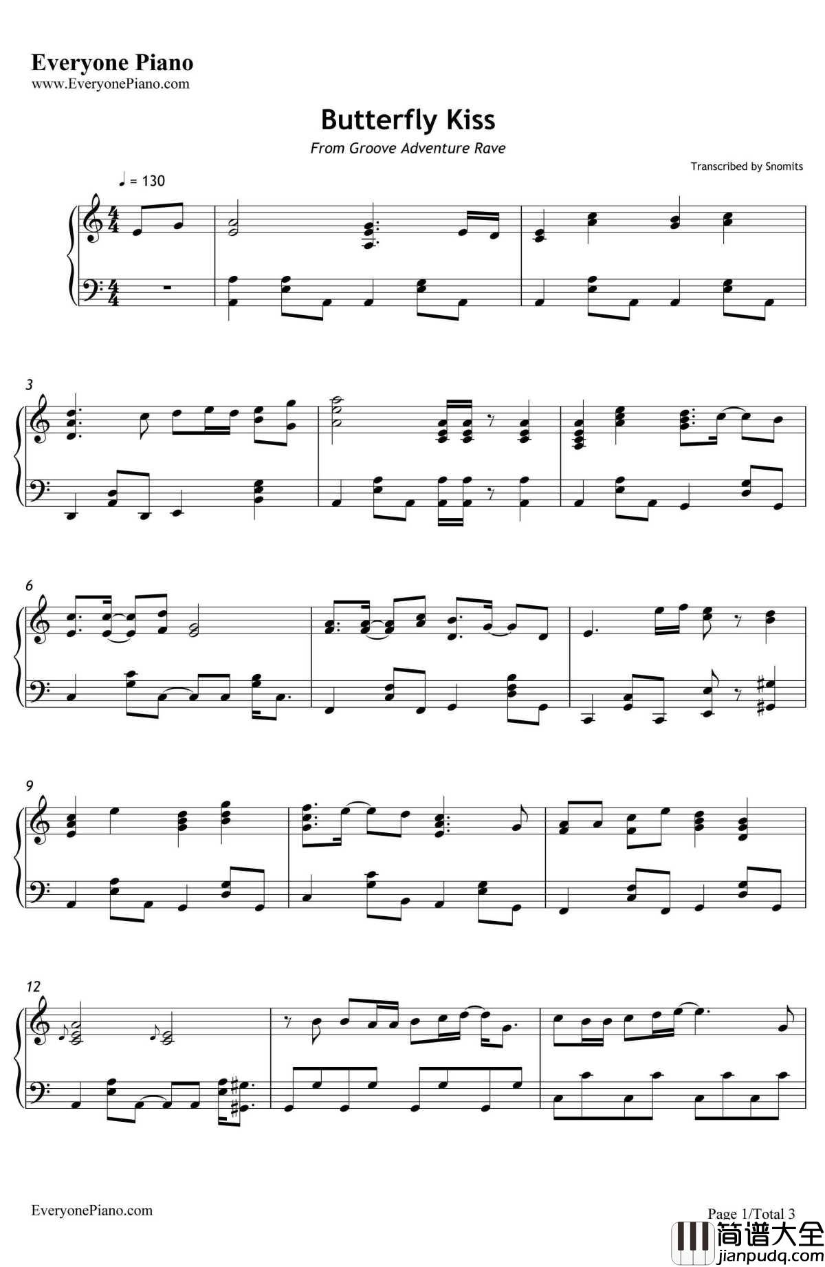 Butterfly_Kisses(蝴蝶之吻)钢琴谱_米仓千寻_动画_GrooveAdventureRave_OP