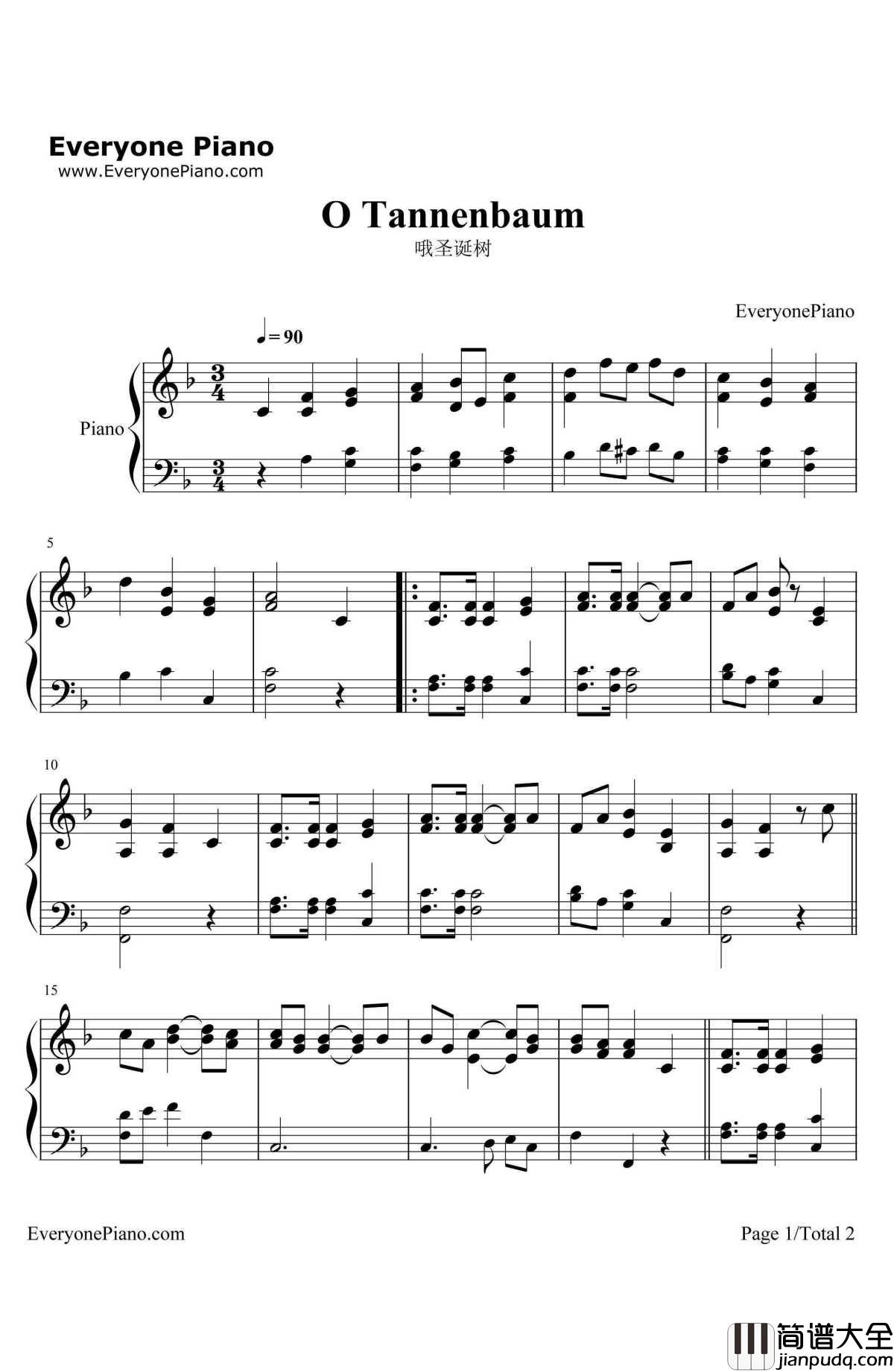 哦圣诞树钢琴谱_OTannenbaum_圣诞歌曲